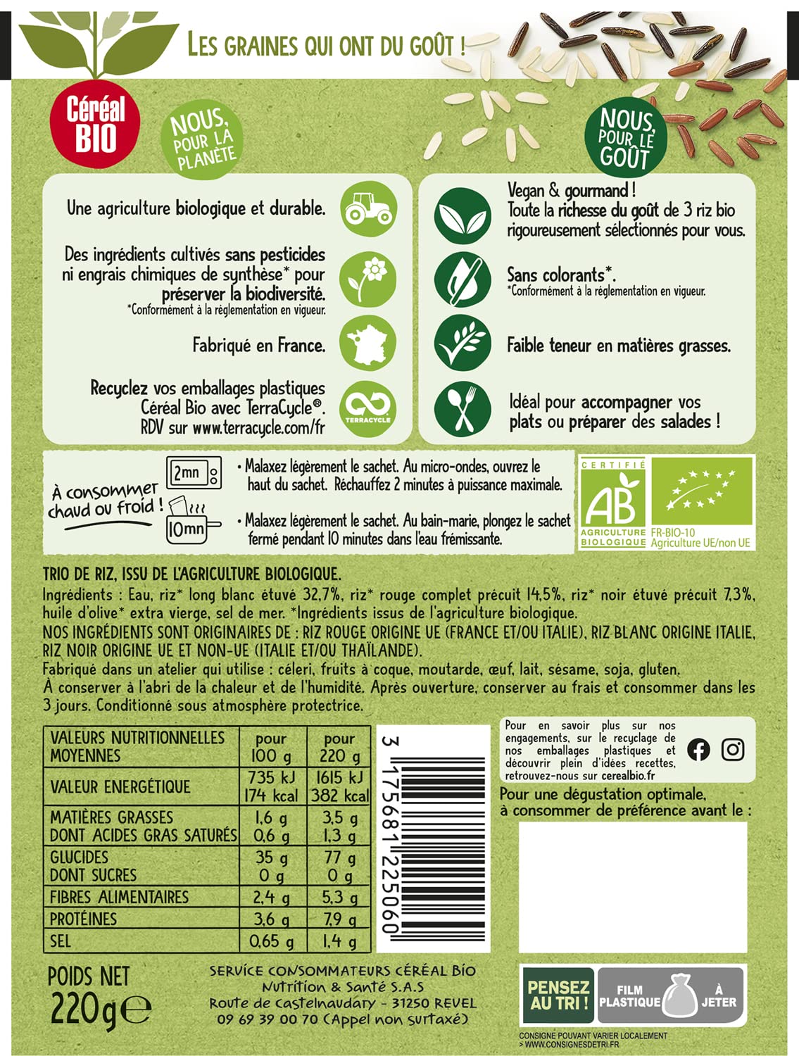 CÉRÉAL BIO – Trio de Riz – Mélange de Riz Bio Nature – Recette Végane – Plat Cuisiné Bio Individuel – Repas Prêt à Réchauffer en 2 min – Nutriscore B – 220 g - 2