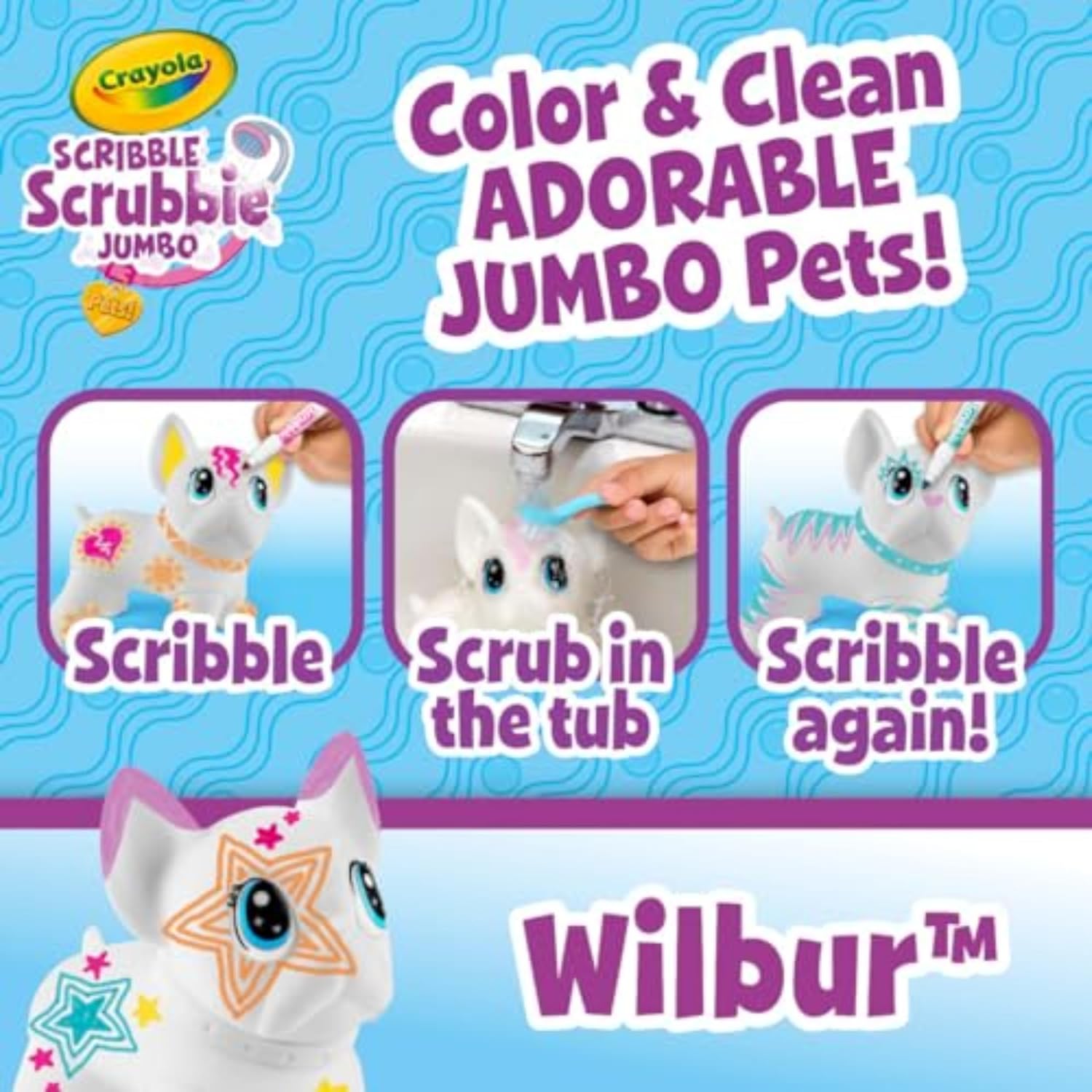 Crayola Scribble Scrubbie Jumbo Pet - Wilbur (6in), Customizable Dog Toy for Kids, Washable Animal Art Kit, Animal Gifts for Girls & Boys