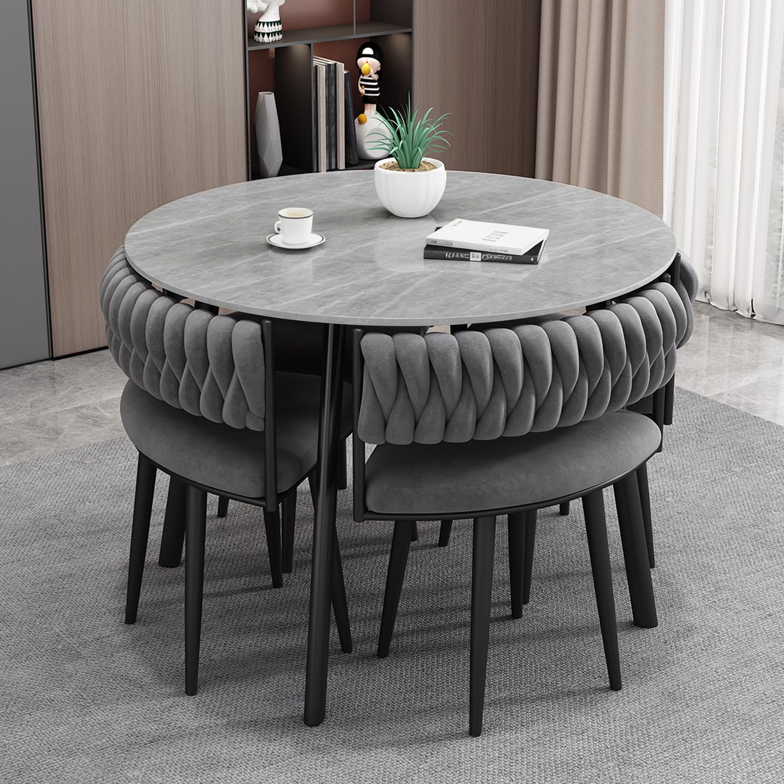 Runder Esstisch und 4 Stuhl Essgruppe 5-Teilig, Küchentisch Set für 4 Personen Moderne Sitzgruppe für Küche, Esszimmer, Wohnzimmer und Büro Grau