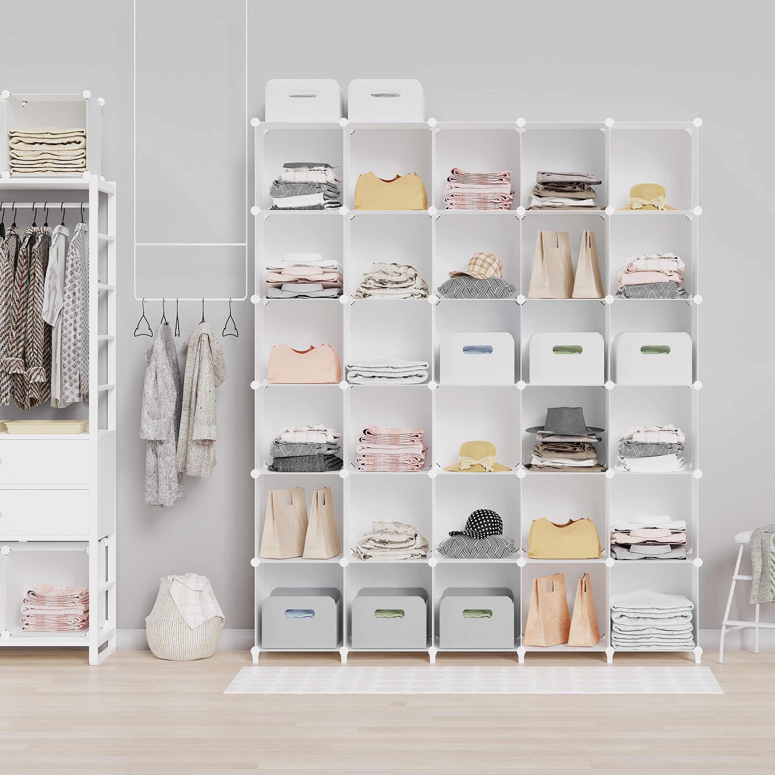 HOMIDEC Armario Modular Estantería plástico, 20 Cubos Organizador de Almacenamiento Zapatero, Estantes de Almacenamiento para la Ropa, Juguetes, Zapatillas, Libros, Blanco