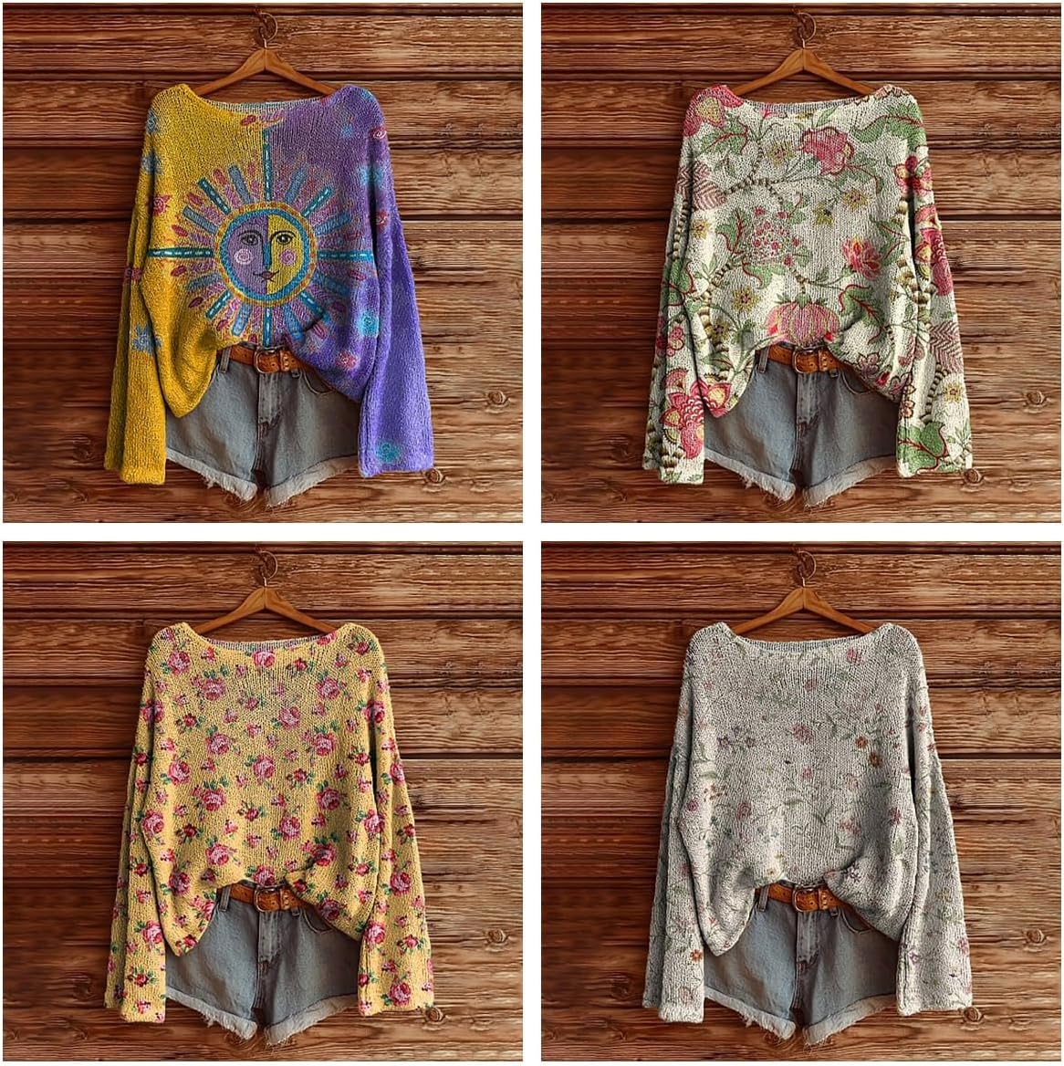 Akivide Womens Cozy Loose Boho Floral Print Lightweight Knit Sweaters Long Sleeve Casual Pullover Jumper Tops Plus Size