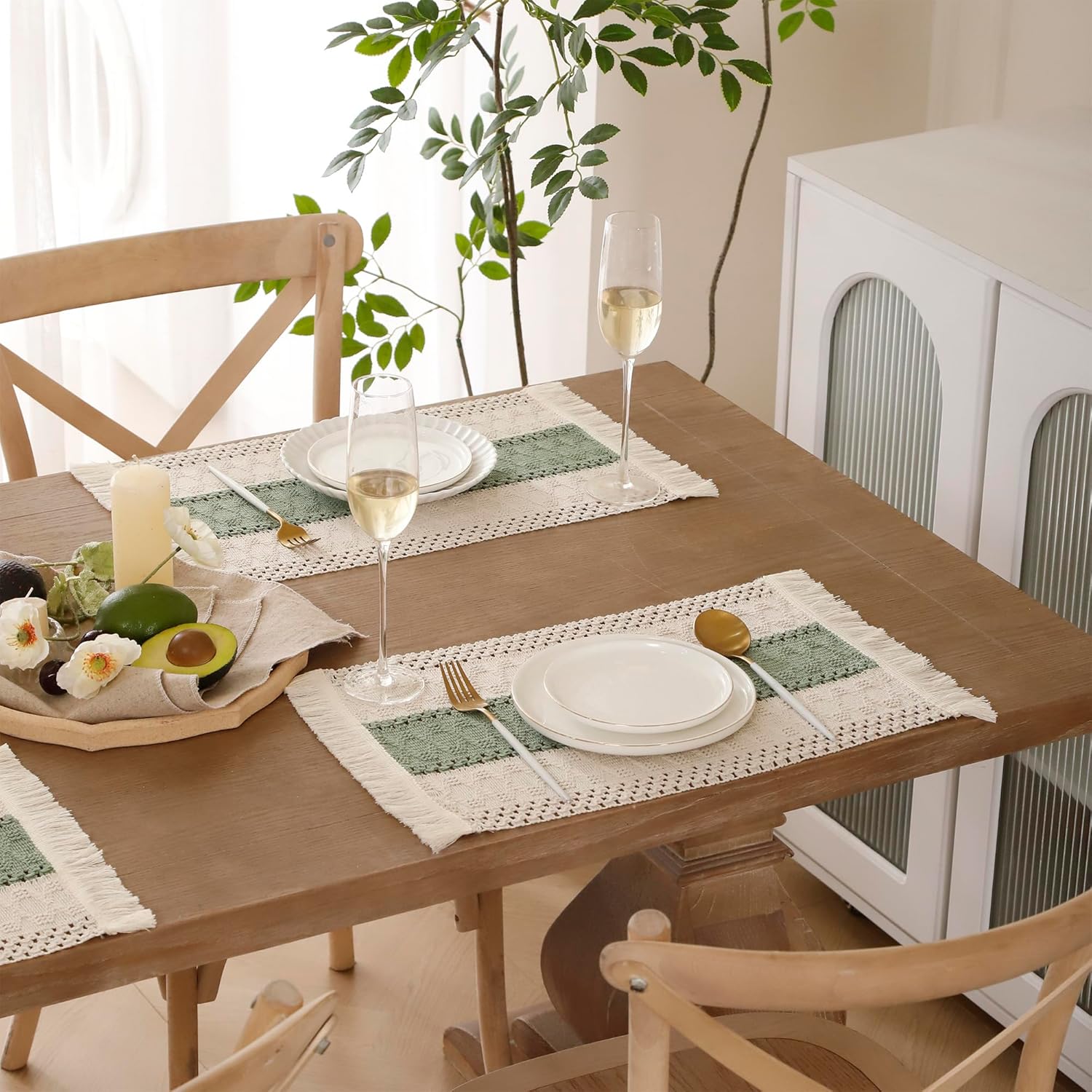 Green Placemats Set of 4 Macrame Table Decor with Fringe Boho Farmhouse Woven Table Placemats in Natural Burlap for Kitchen and Dining Table Centerpiece Spring Home Decorations