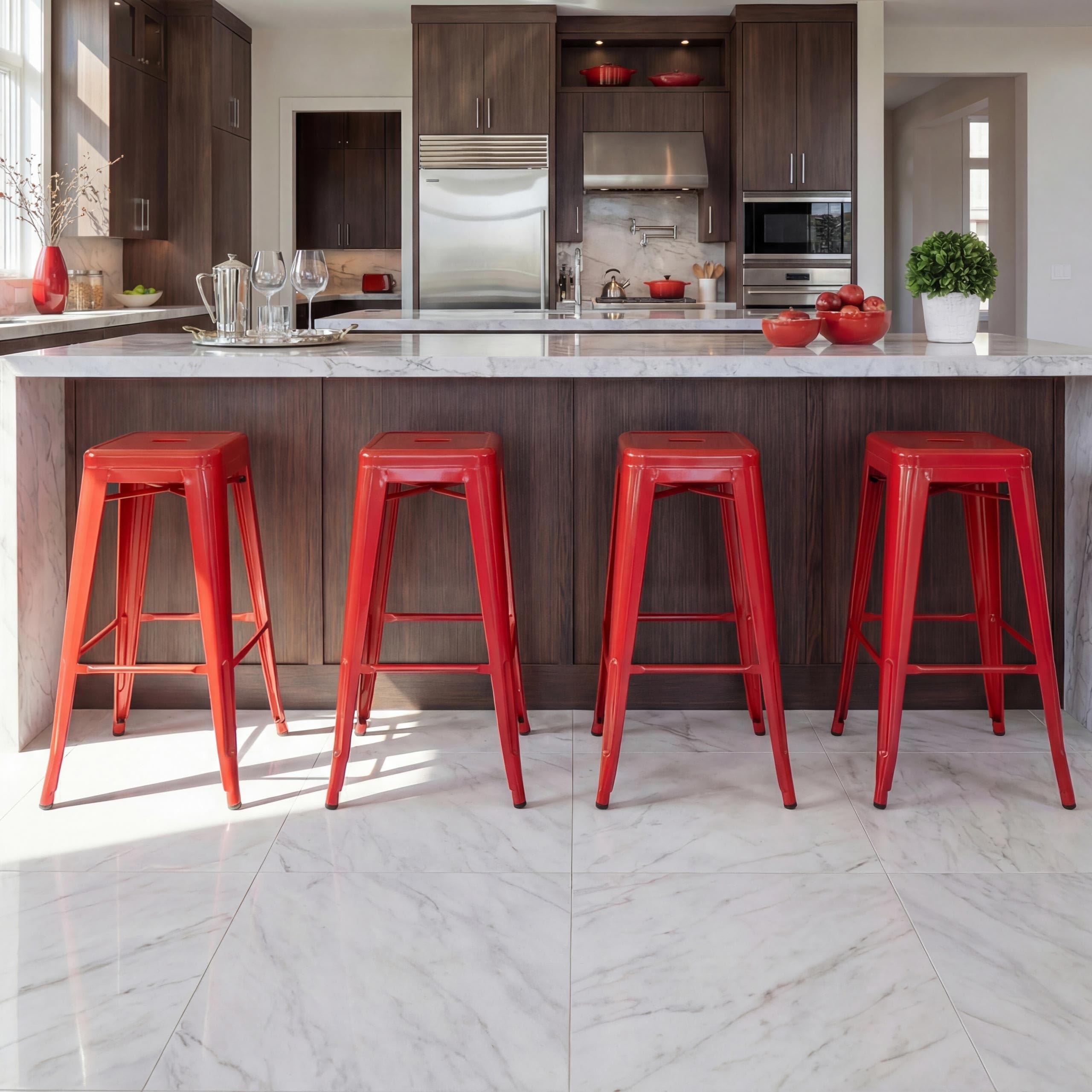 Set 4X sgabelli da Bar HWC-A73 Design Moderno impilabile Metallo - Rosso