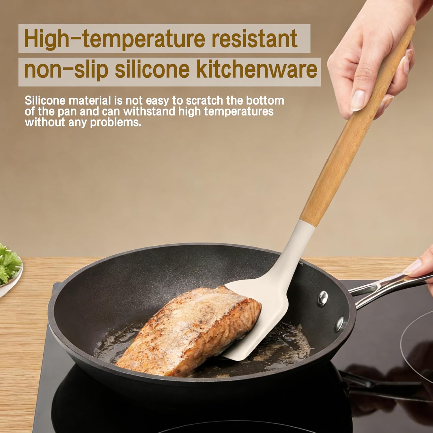 Silicone Cooking Utensils Set - 446°F Heat Resistant Silicone Kitchen Utensils Set, Spatula,Turner Tongs, Spoon, Whisk,Kitchen Gadgets for Nonstick Cookware, BPA Free（Khaki）
