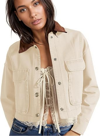 HangNiFang Cropped Barn Jacket for Women Contrast Collar Outwear Coat