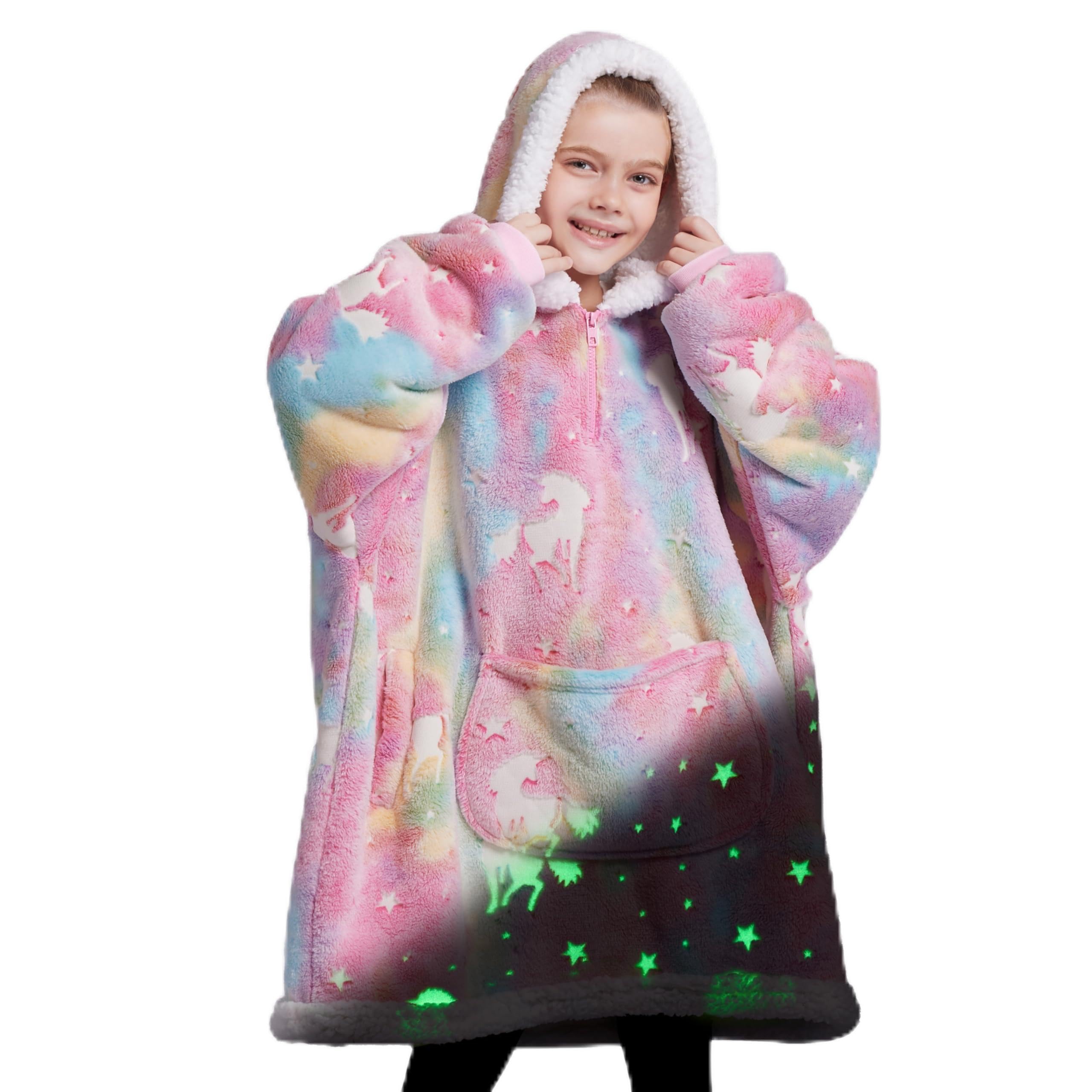 Giggling Getup Glow in The Dark Wearable Blanket Hoodie for Girls and Boys Warm Cozy Sherpa Fleece Hooded Blanket Sweatshirt Oversized Hoodie with Giant Pocket & Sleeves for Kids Pink Unicorn GlowOEKO-TEX STANDARD 100