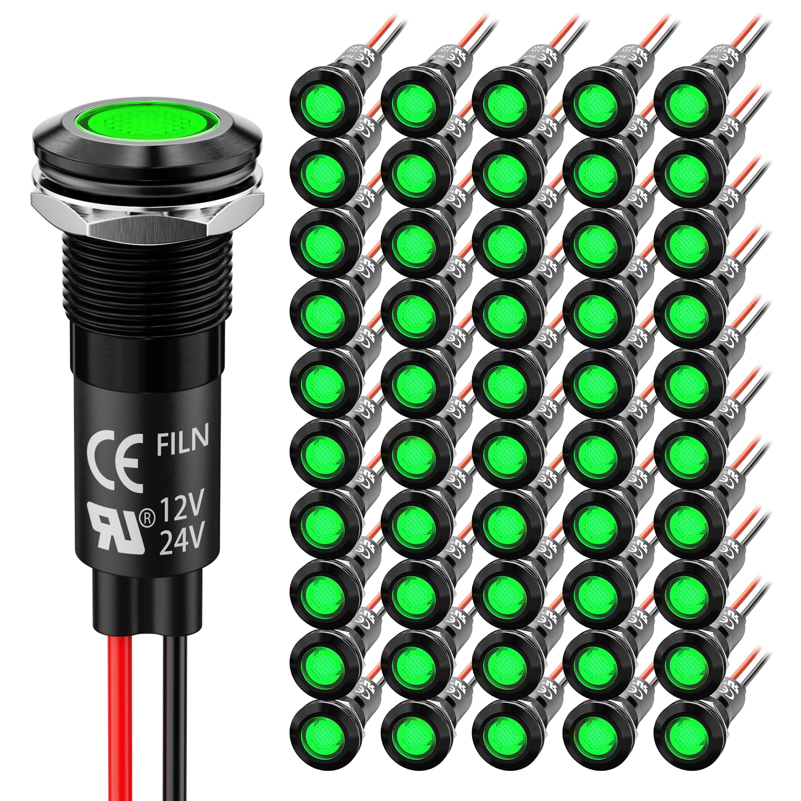 50PCS 12mm(1/2") LED Indicator Light 5V 12V 24V DC IP67 Green