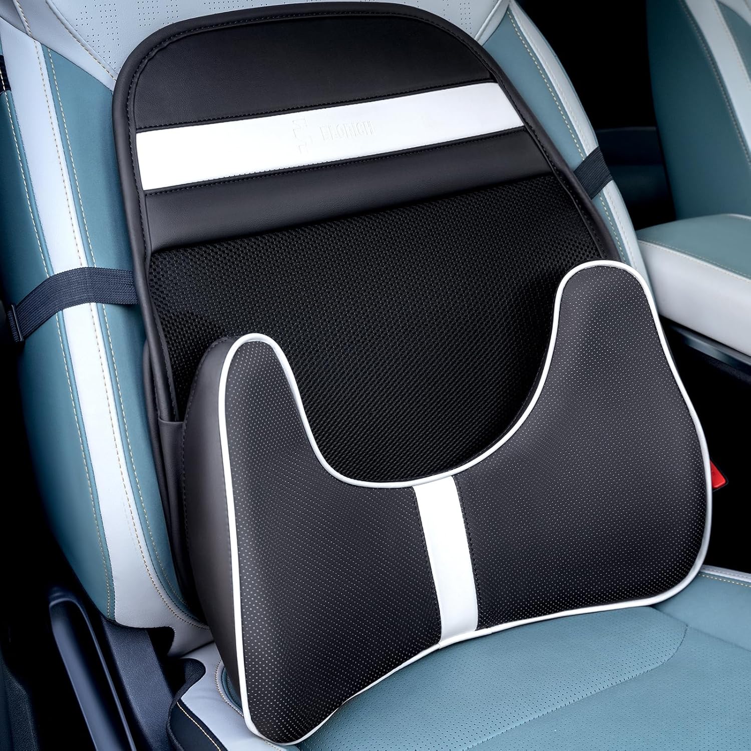 FLORICH Memory Foam Double Layer Breathable Mesh Lumbar Support Ergonomic Leather Lumbar Support Pillow with 3D Mesh Back Support and Adjustable Strap for CarSeat & Office Chair(Leather Black)