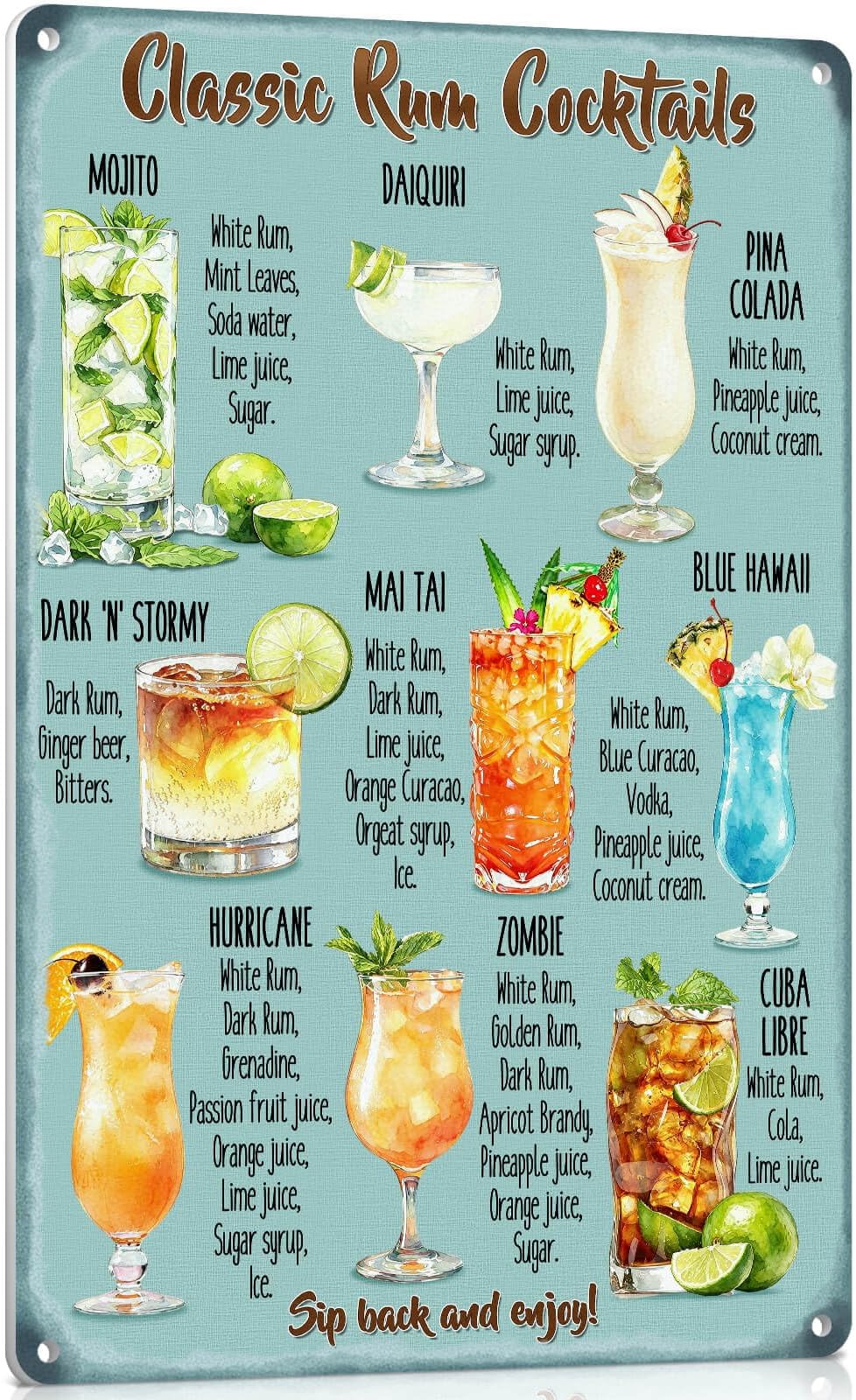 Metal Signs Rum Cocktail Recipe Vintage Tin Sign Bar Club Man Cave Wall Decor 8 x 12 inches