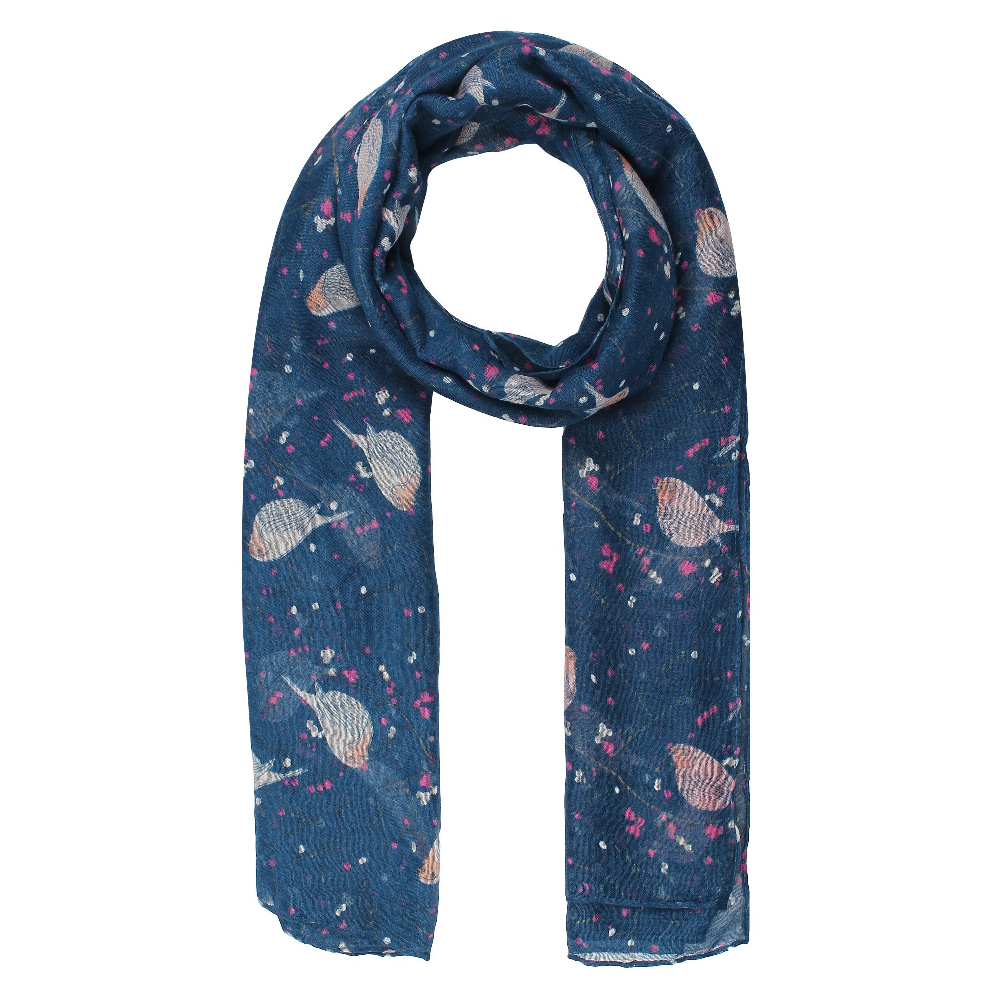 World Of Shawls Women's Robin Birds Navy Blue New Celebrity Style Long Scarf Scarves Maxi Sarong (Robin Birds Navy Blue)