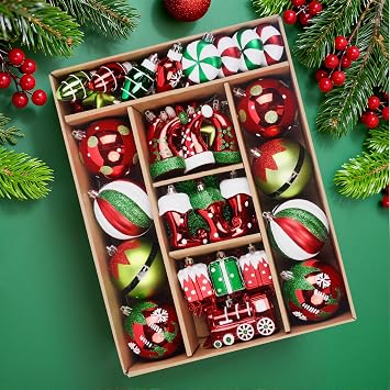 SHareconn 75pcs 2025 Classic Christmas Balls Ornaments Set, Elf Boots Theme Shatterproof Plastic Decorative Hanging Baubles Bulk for Xmas Tree Decor/Holiday/Party/Wedding, Red Green & White