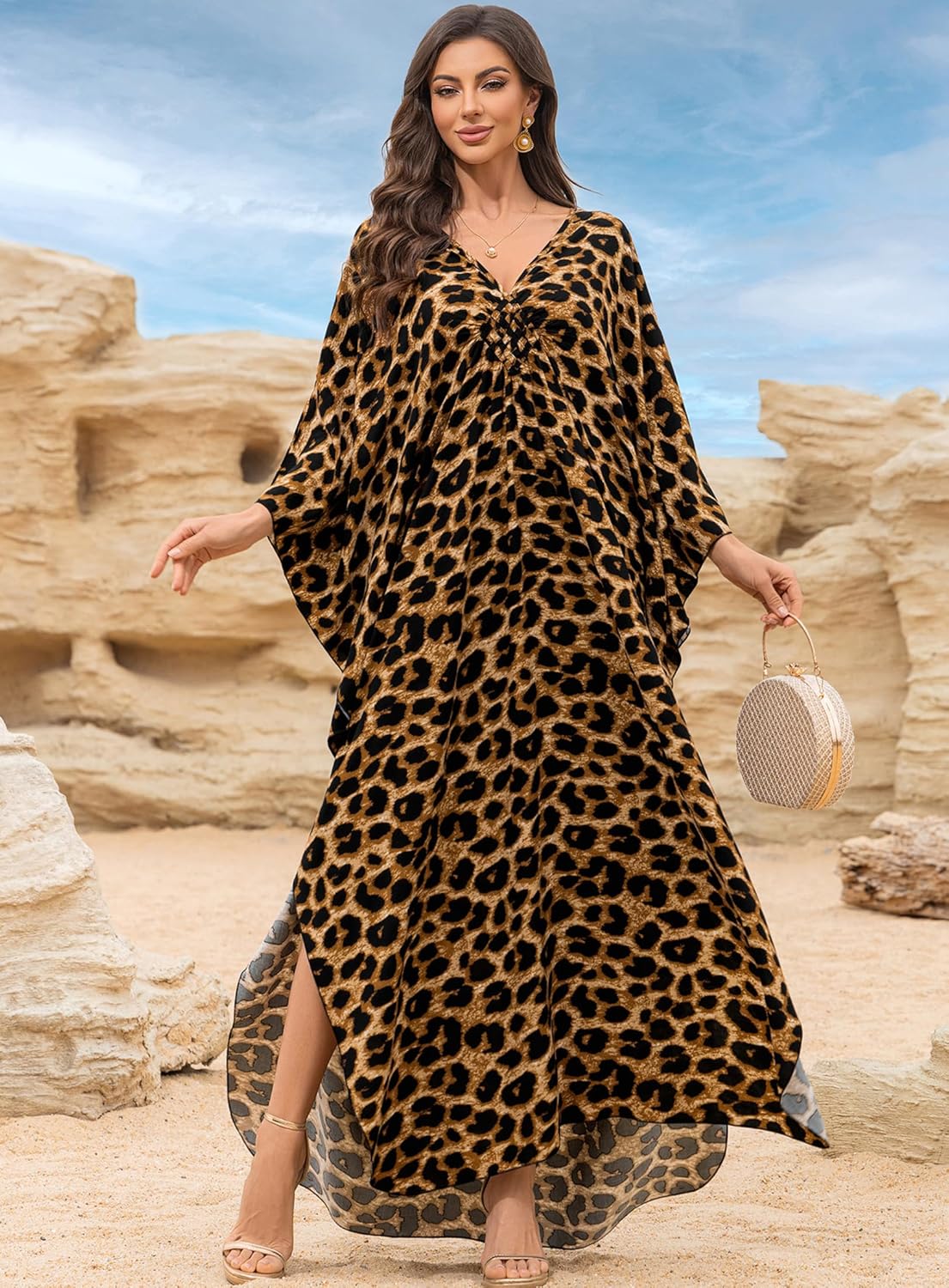 Yanziliu Women Kaftan Dresses Plus Size V-Neck Batwing Sleeves Beach Cover Up 2025 Summer Floral Print Caftan Dress - Image 5