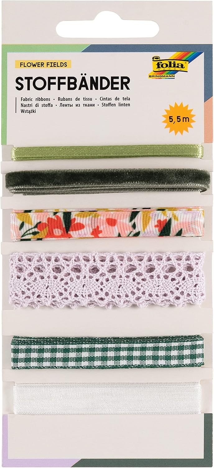 folia 12023 Fabric Ribbon Mix Flower Fields with 6 Different Ribbons in Green, White and Delicate Purple, Craft Set for Decorating and Designing
