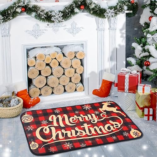 Miniatura 3 de Tinideya Felpudo decorativo de Navidad, tapete antideslizante de Navidad a cuadros, tapete de bienvenida de Navidad para decoración de entrada en
