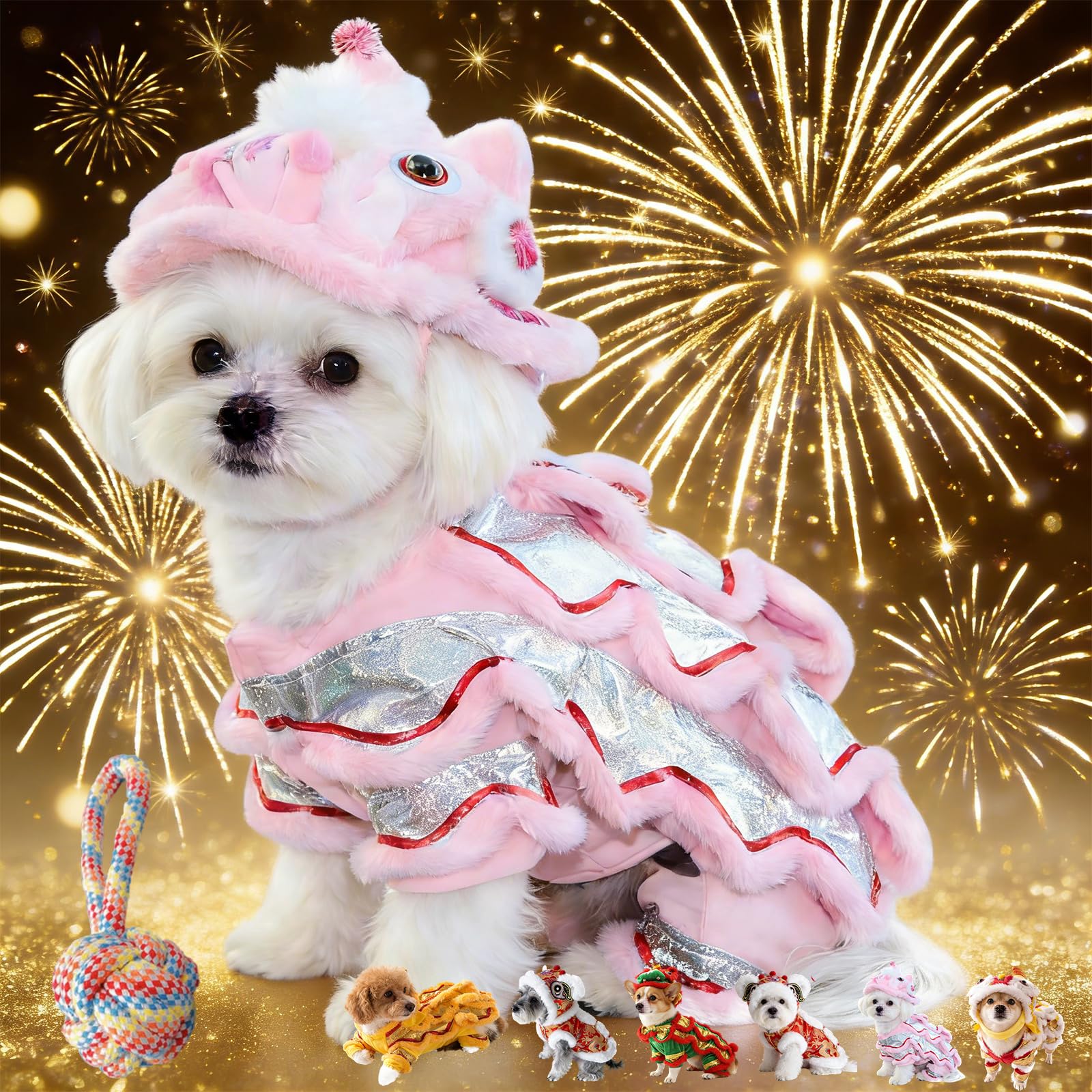 Chinese Lion Dance Dog Costume with Sequins, New Year Dog Lion Dance Coat, Spring Festival Pet Outfit with Dragon Embroidery, Winter Holiday Pet Cloth for Teddy, Schnauzer, Bichon Frise (XL,7#)