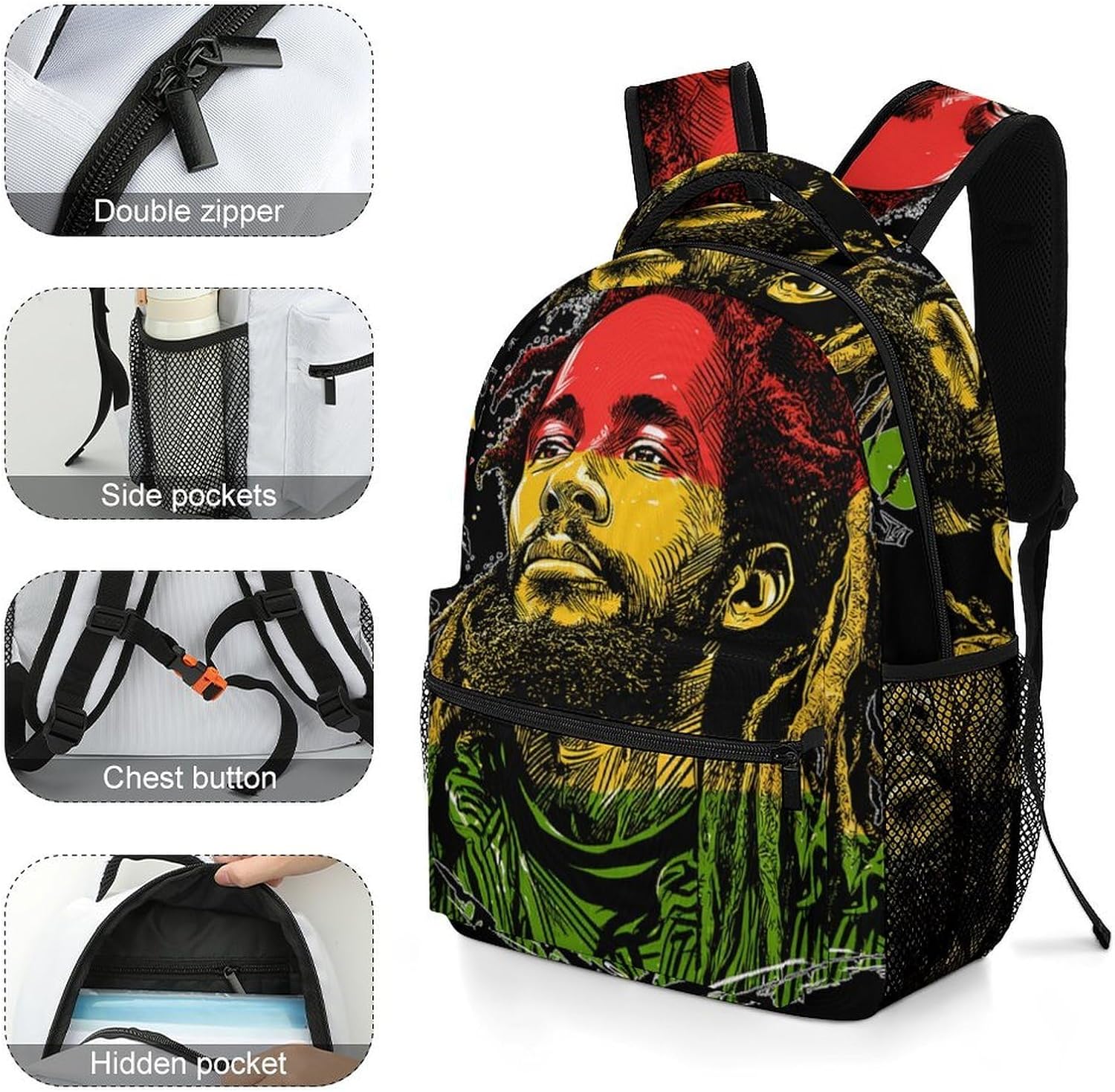 Rasta Reggae Rastafarian Rastaman Unisex Backpack Casual Daypacks Lightweight Shoulders Bag for Camping Hiking Travel