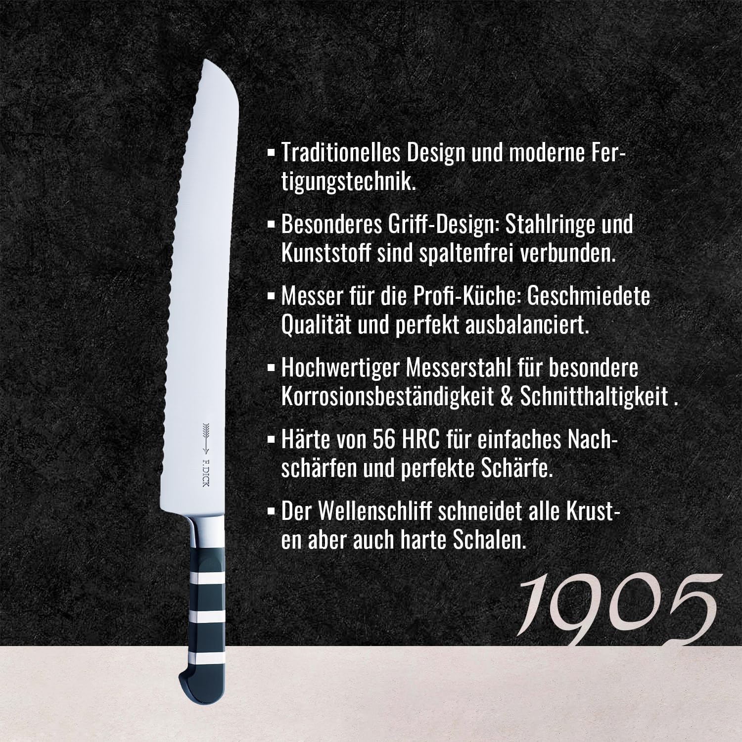 F. Dick Brotmesser, Sägemesser, 1905 (Messer mit Klinge 32 cm, X50CrMoV15 Stahl, nichtrostend, 56° HRC) 8193932, Schwarz