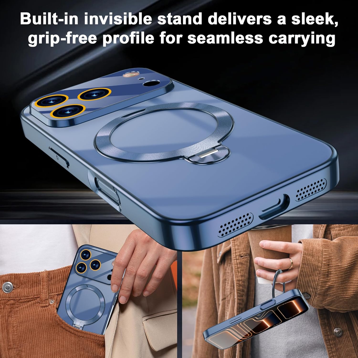 for iPhone 17 Pro Case with 360 Spin Stand | Compatible with MagSafe | Magnetic CD Ring & Camera Lens Protector | Shockproof Plating Never-Yellowing Blue