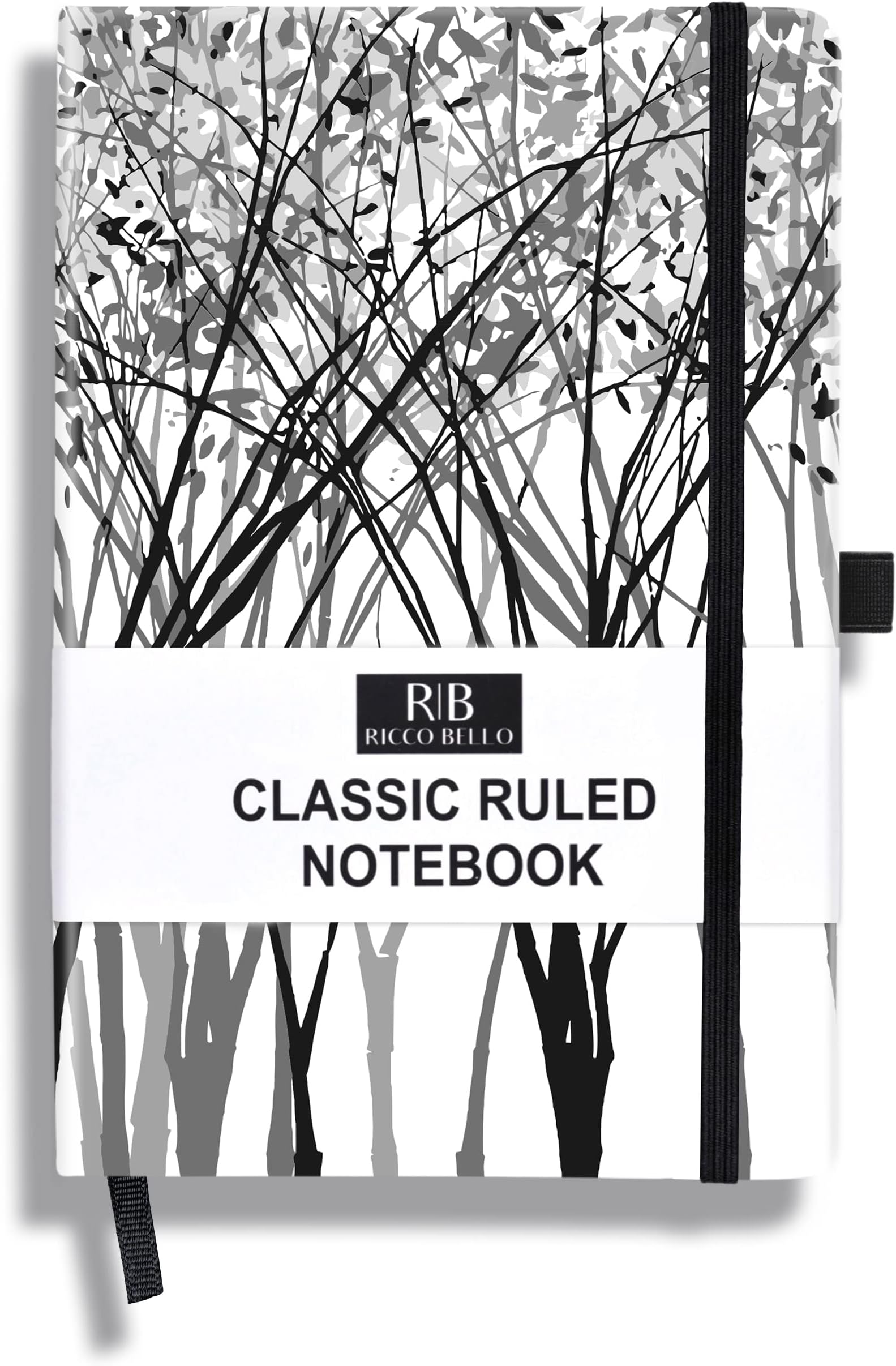 RICCO BELLO Lined Journal Notebook with Pen Holder, Hardcover, College Ruled, for Work, Notes | 96 Sheets /192 Lined Pages, 5.7 x 8.4-Inches (Black and White Tree)