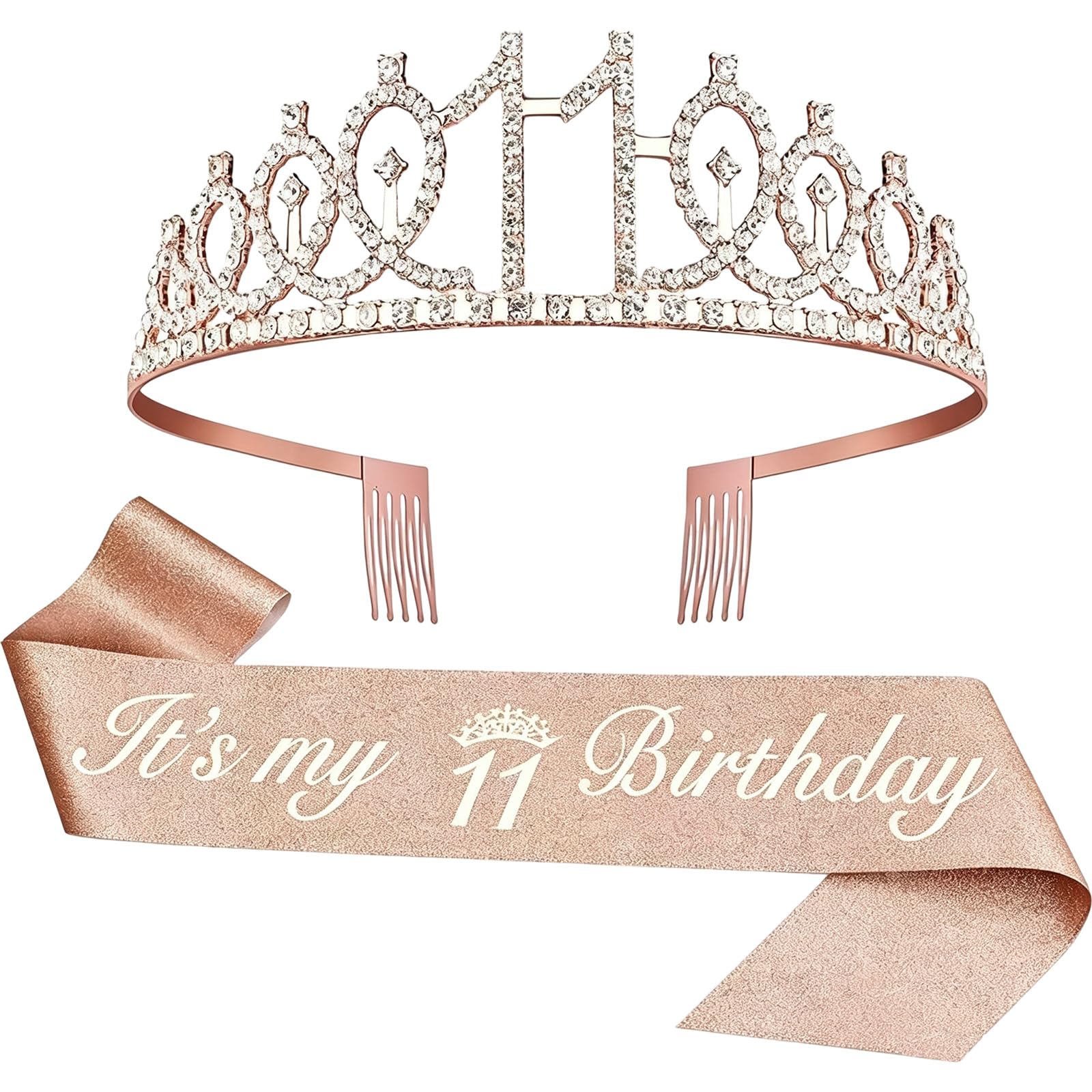 teokyat Birthday Crown with Sash for 11th Birthday Girls, Elegant Crown as Gift & Decoration for Birthday 11 Years Girls
