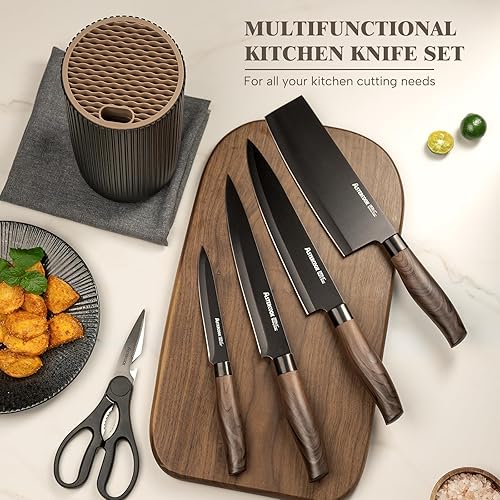 Miniatura 7 de Astercook Juego de cuchillos de cocina negros de 6 piezas, juego de bloques de cuchillos de acero inoxidable antiadherentes, antioxidante, apto para