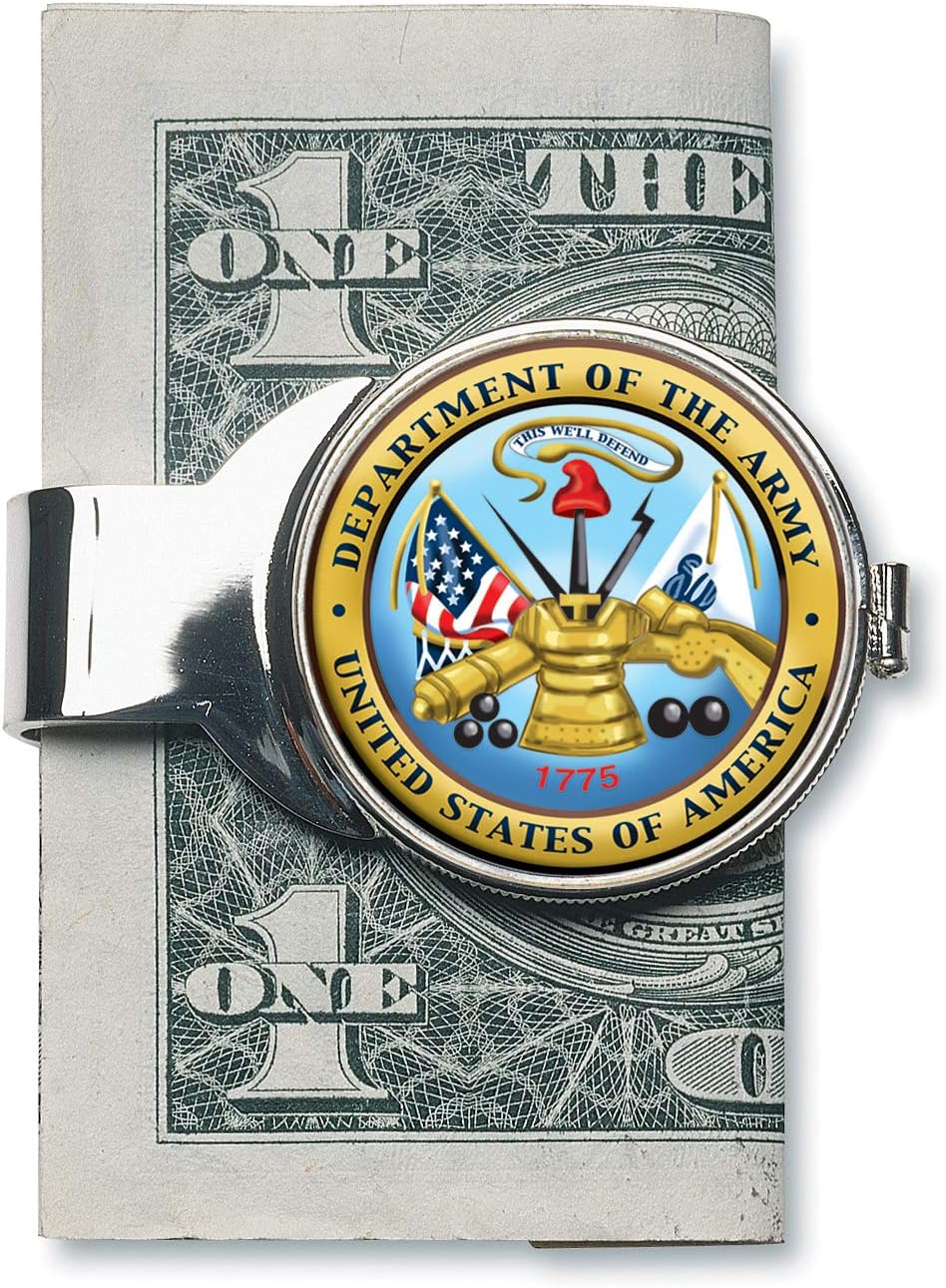 Coin Money Clip - JFK Half Dollar Colorized with the Army Emblem | Brass Moneyclip Layered in Silver-Tone Rhodium | Holds Currency, Credit Cards, Cash | Genuine US Coin | Certificate of Authenticity