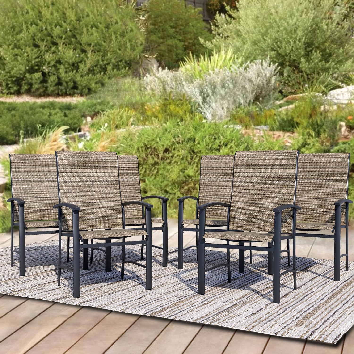 Patio Chairs Set of 6, Outdoor Chairs for Patio with High Back, Metal Outdoor Dining Chair with Armrest for Lawn Deck Garden Balcony Porch Backyard, Mocha