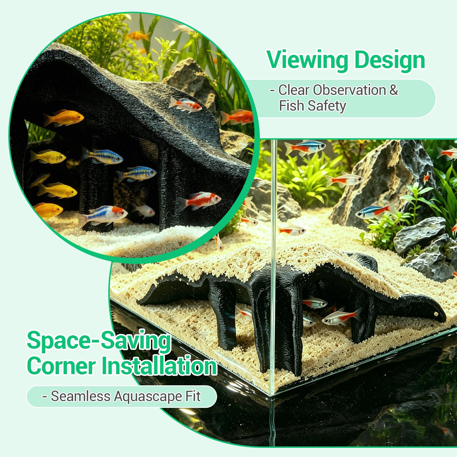 Cave d'aquarium - Cachette d'angle - Cachette de reptile PETG avec 500 g de sable, texture racine de mangrove pour poissons, crevettes, gecko, lézard, décoration d'aquarium - 19,1 x 19,1 x 10,2 cm