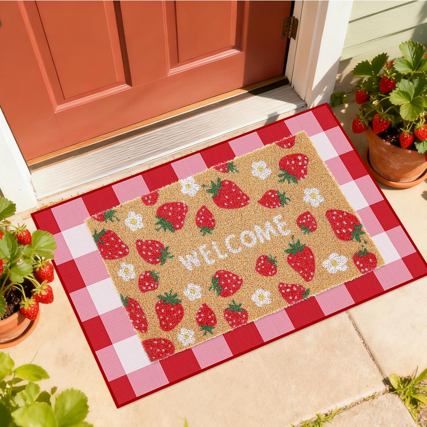 Whaline 2 Pcs Strawberry Daisy Doormat Set Floor Mat Red Pink Checkered Fruit Coir Non-Slip Front Door Rug for Spring Summer Indoor Outdoor Home Kitchen Bathroom Entrance Porch
