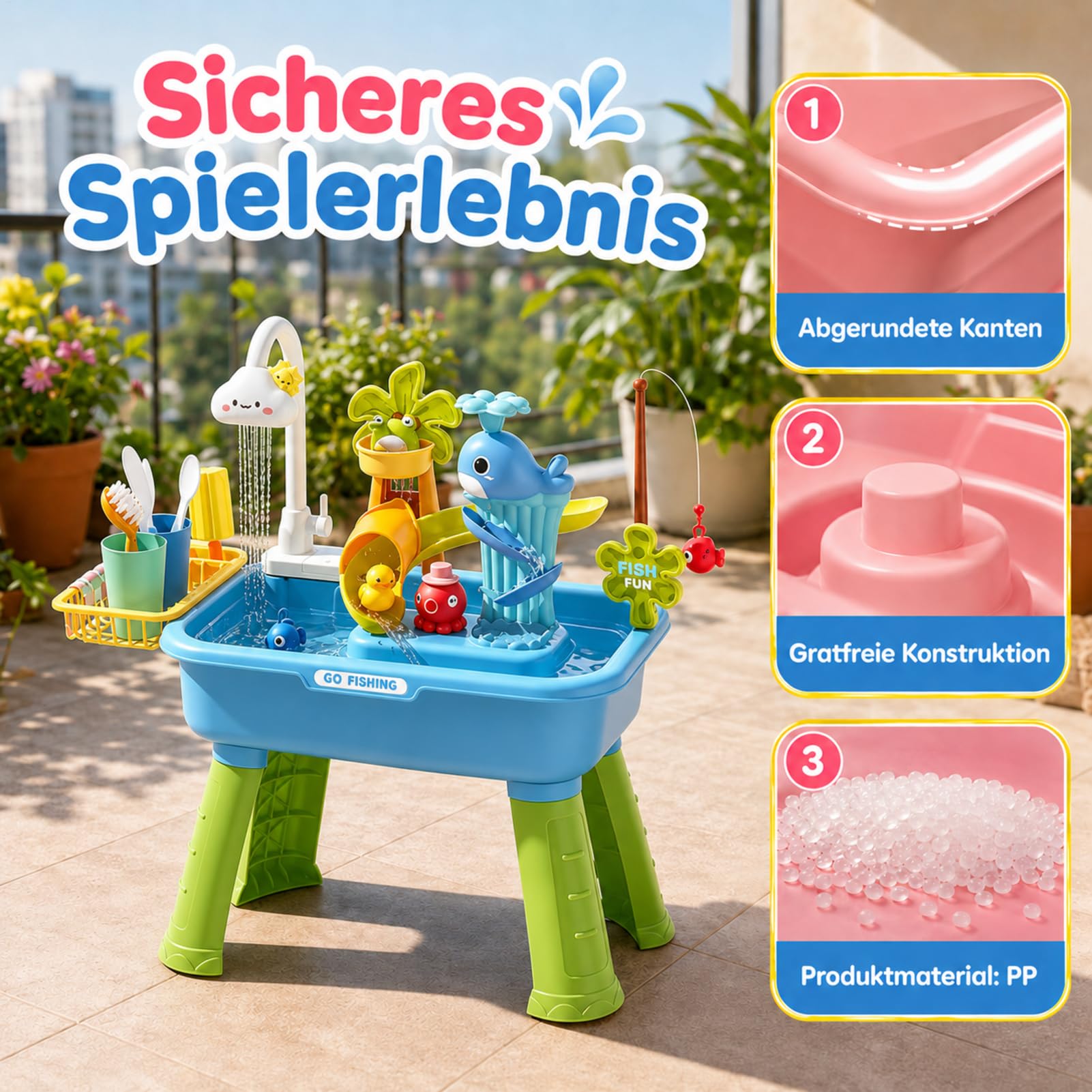 Wasserspieltisch - 4-in-1 Mit Elektrischer Pumpe Und Fließendem Wasser | 43-teiliges Zubehörset | Sensorisches Aktivitätsspielzeug Für Kinder 4-8 Jahre | Für Garten Terrasse Badezimmer Innen Außen