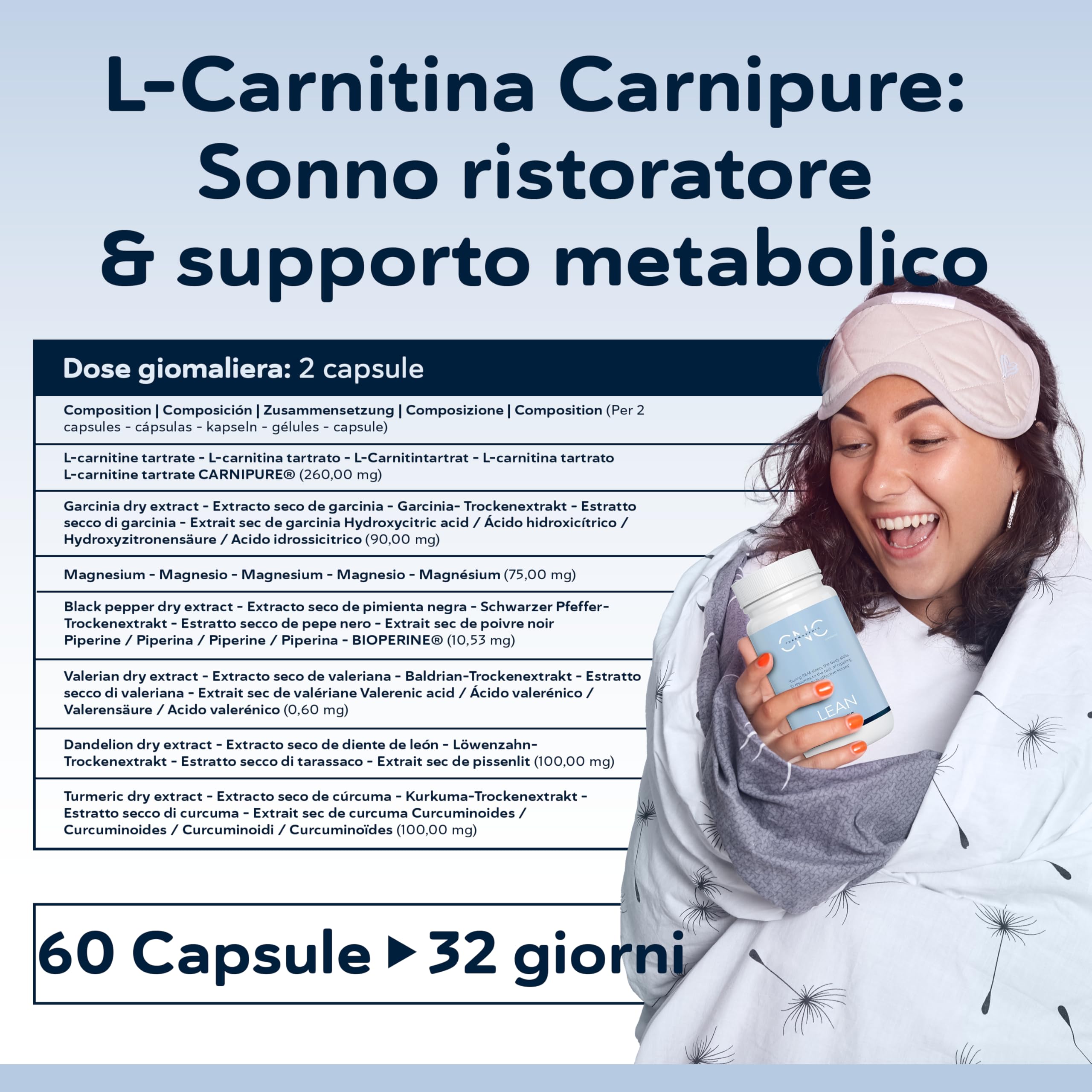 QSTA LEAN – Formula Notturna Senza Caffeina con Carnitina, Garcinia, Bioperine, Curcuma, Valeriana, Magnesio e Tarassaco – Nutrienti per Metabolismo e Benessere – Adatto ai Vegani