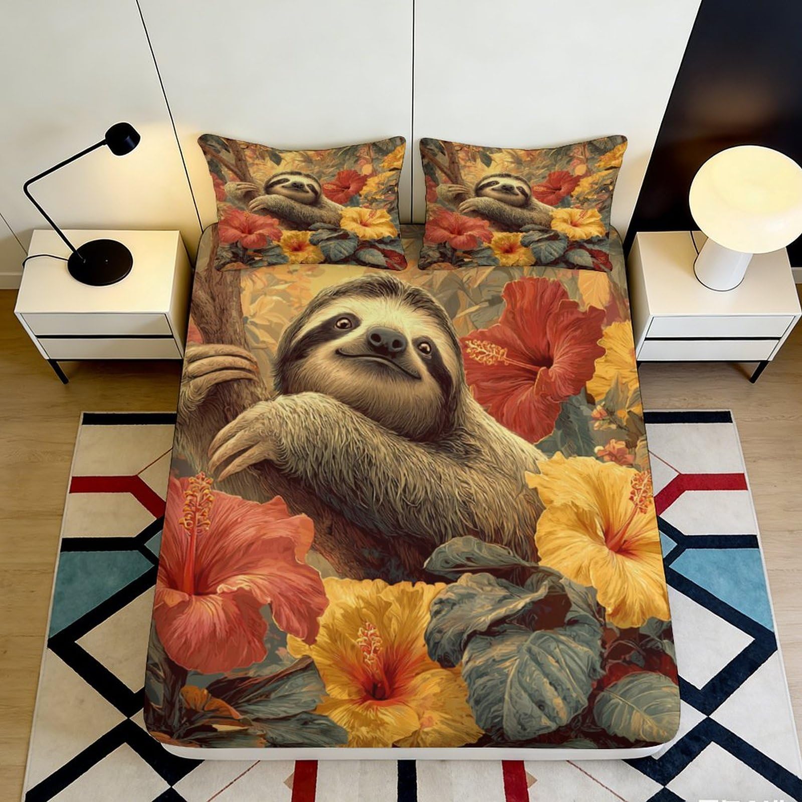 Pnayamiorkfel Style-4 3D Printed Sloth Tropical Flower Fitted Sheet Microfiber Soft Anti-Slip Bed Cover For Bedroom Guest Room Decor 90X200x25cm