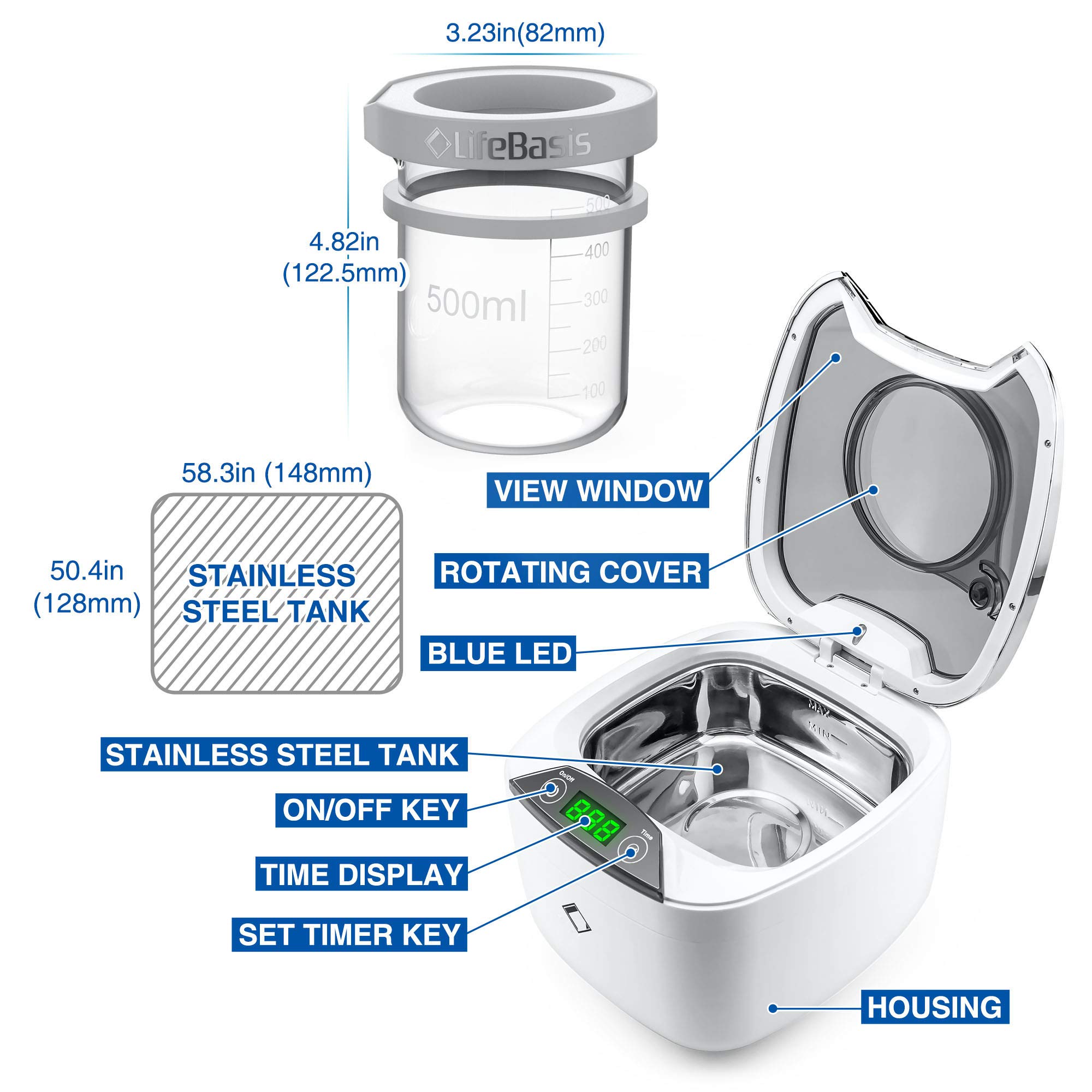 Life Basis Limpiador ultrasónico Joyería 870ml Professional con Vaso y Tapa de 500 ml [Versión actualizada]