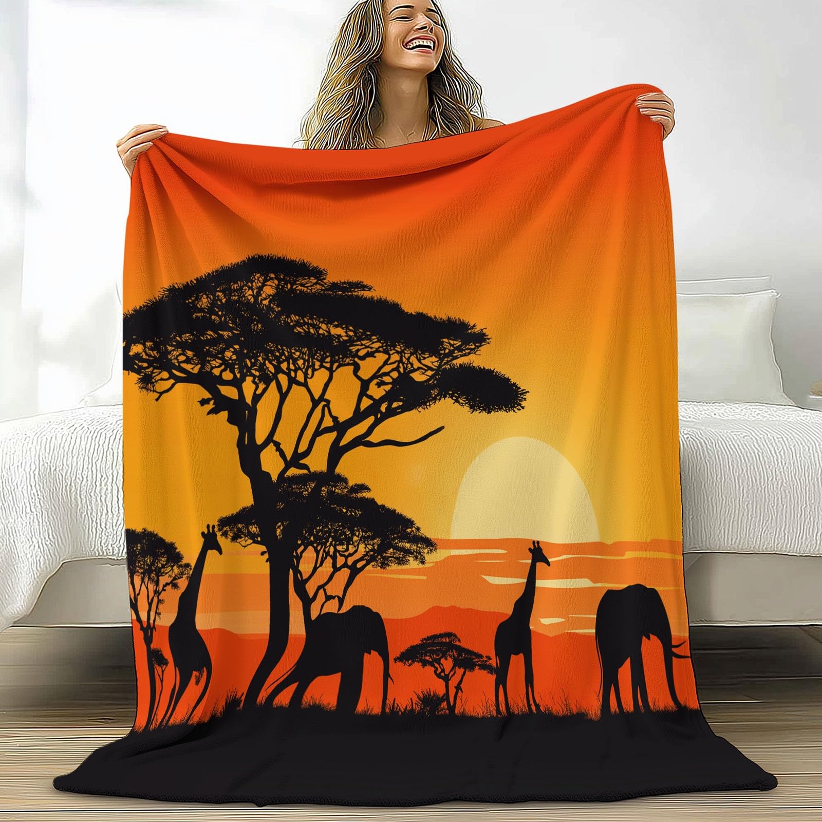 Superweich Warm Orangegelb Decke 150 x 200 cm, Afrika Savanne Tiere Leicht Gemütlich Flanell Überwurf Decke für Bett Couch Sofa Büro Dekoration - Damen und Herren