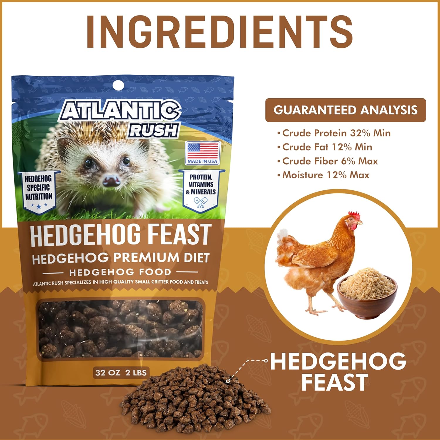 Atlantic Rush Hedgehog Feast Premium Food - Resealable Bag of Hedge Hog Delite- Small Critter Supplies Hedge Hog Food - Hedgehog Treats- Sourced & Made in The USA (2lb Hedgehog Feast)