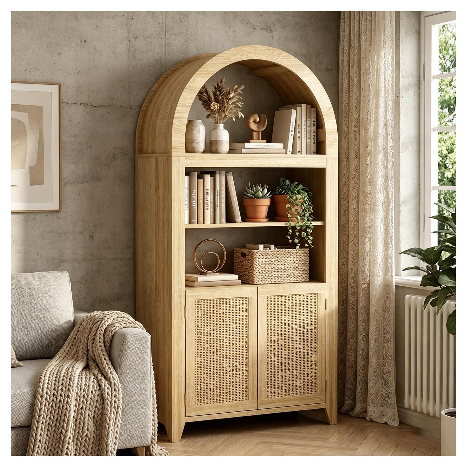 Bücherregal mit Türen, gebogener, hoher Rattan-Aufbewahrungsschrank, Holz-Bücherregal mit 3-stöckigen offenen Regalen, für Wohnzimmer, Schlafzimmer, Heimbüro, Küche