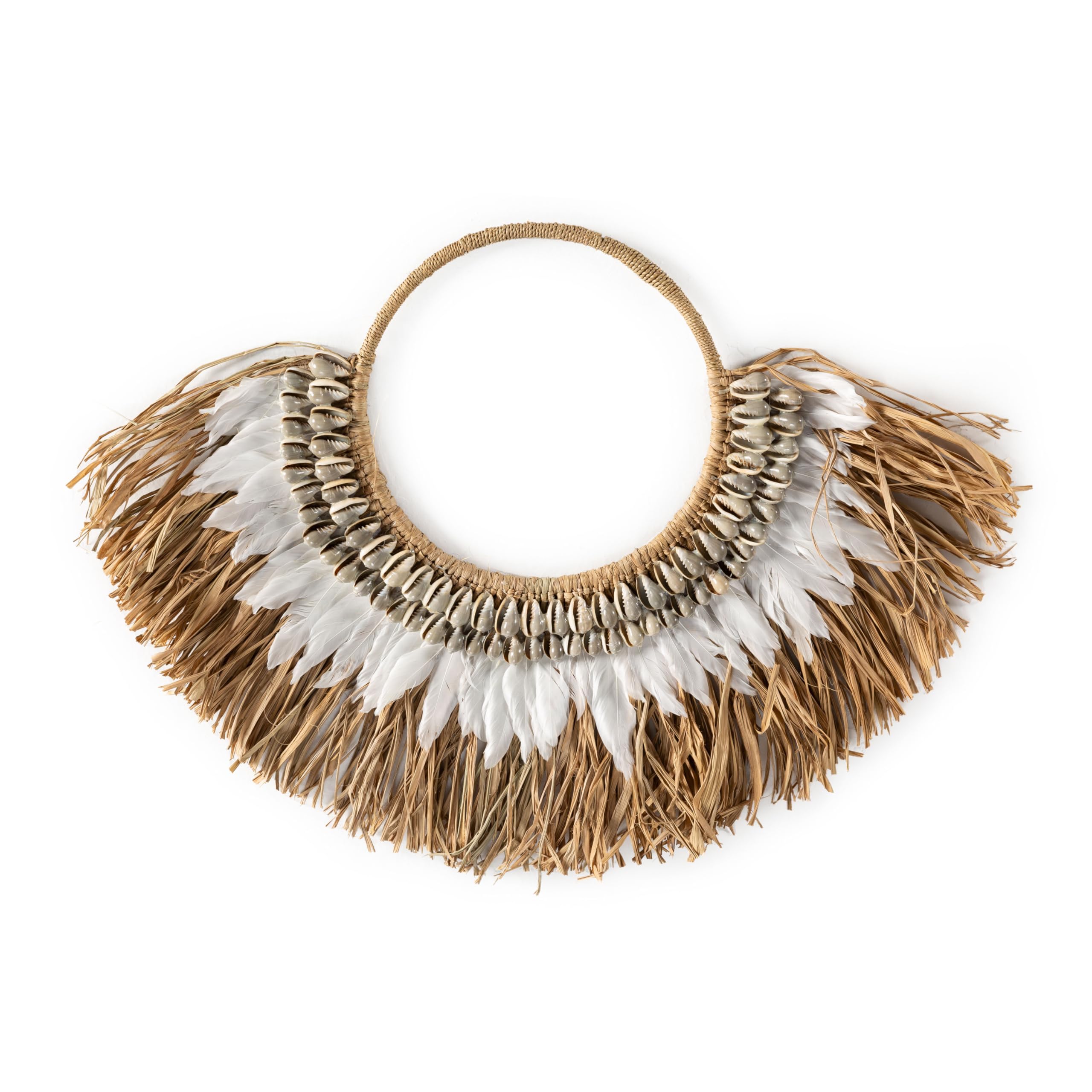 Sculpture murale sisal 65cm avec plumes et coquillages style bord de mer