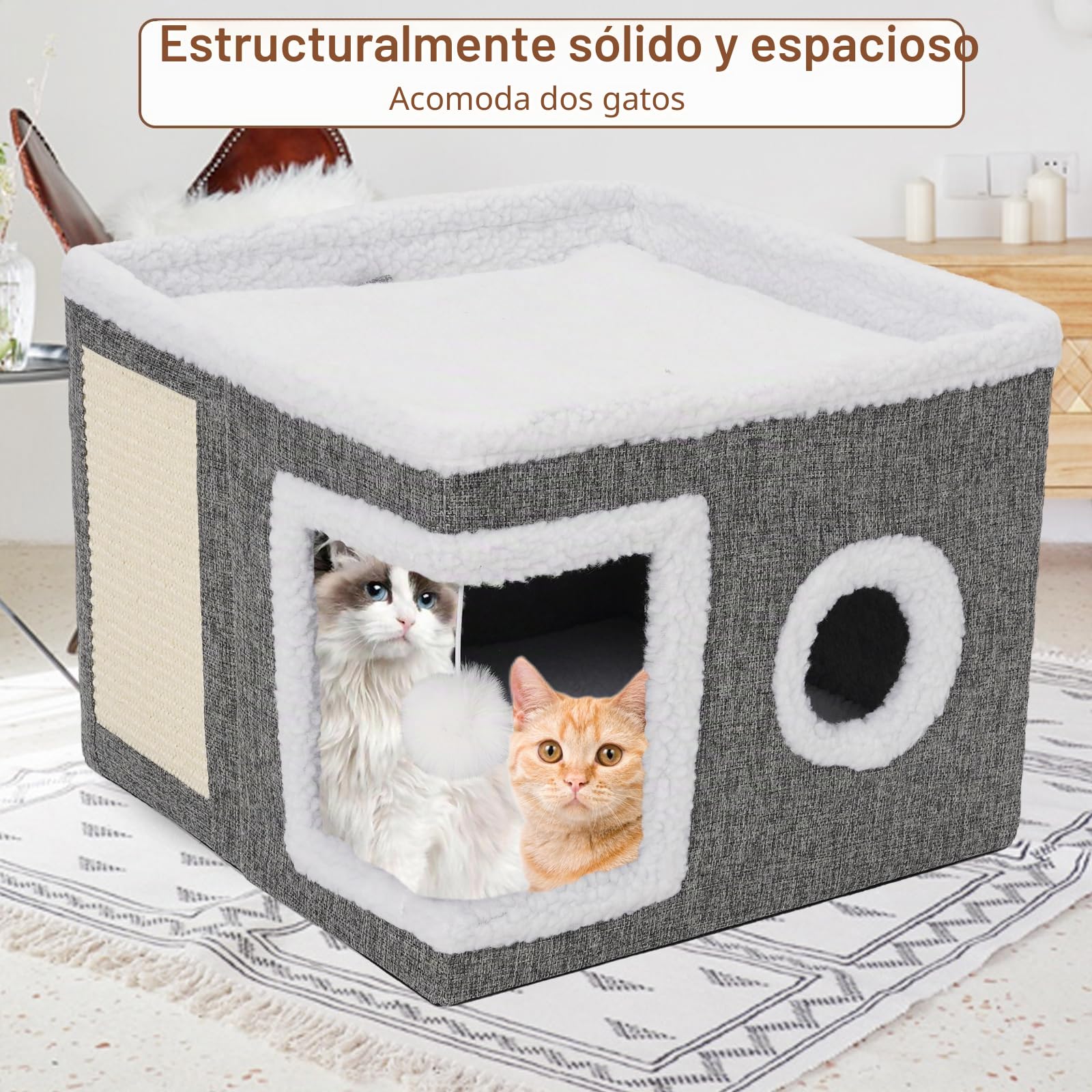 Casa Plegable para Gatos,40 x 40 x 31cm Casa para Gatos para Interiores,Capas para Gatos Pequeños y Medianos,con Celota de Peluche, Rascador para Gatos y Agujero para Gatos