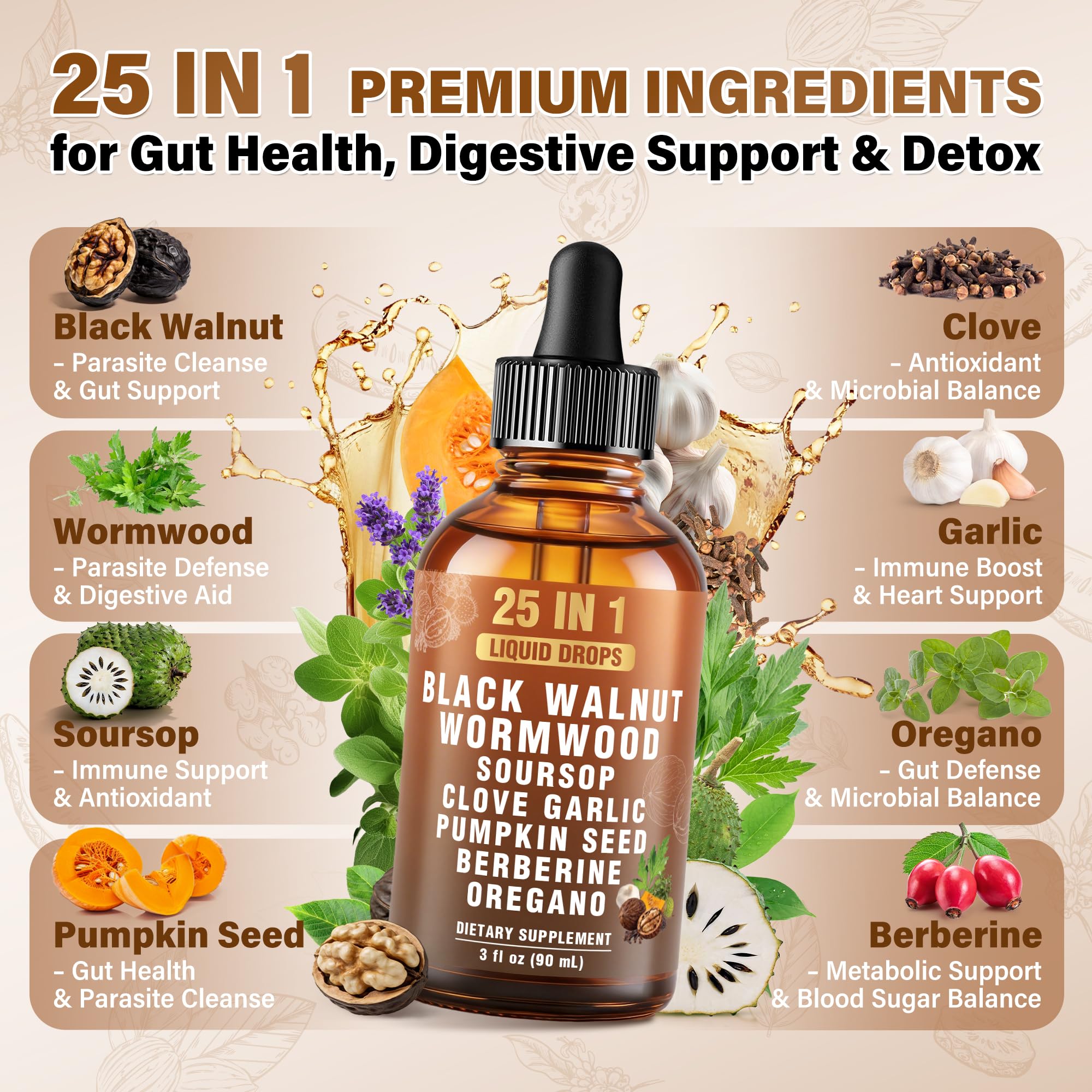 25-in-1 Liposomal Wormwood Black Walnut Cleanse Drops with Clove, Garlic, Pumpkin Seed, Oregano & Berberine | Gut & Digestive Support | 98% Bioavailability | Gentle Intestinal Formula - 90ml — Amazon image 4