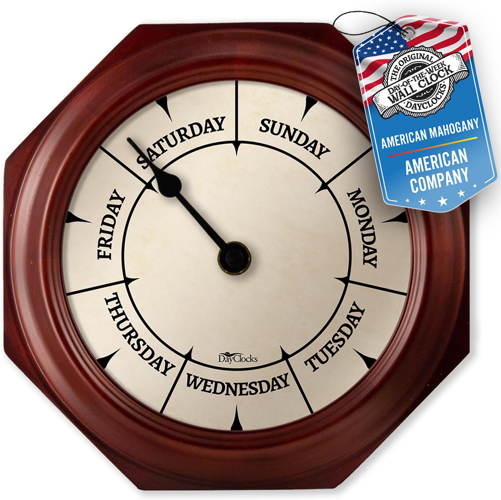 Classic Day of The Week Wall Clock - 10" Solid Mahogany Wood Frame, Ideal Retirement Gift for Men and Women, Day Clock for Seniors and Retirees
