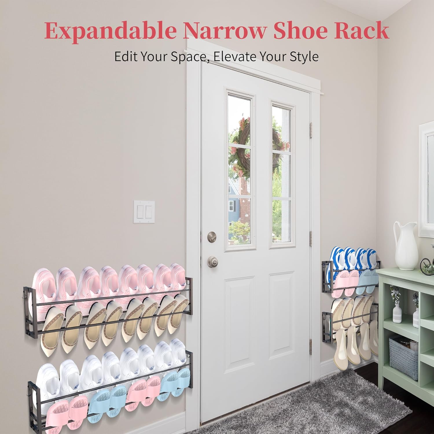 2 Pack Wall Mounted Shoe Rack for Narrow Spaces, Hanging Shoe Rack Holds 16 Pairs, 17"-30"Adjustable Heavy Duty Wall Shoe Storage with 4 Storage Hooks, Space Saving for Closet Entryway Door, Black