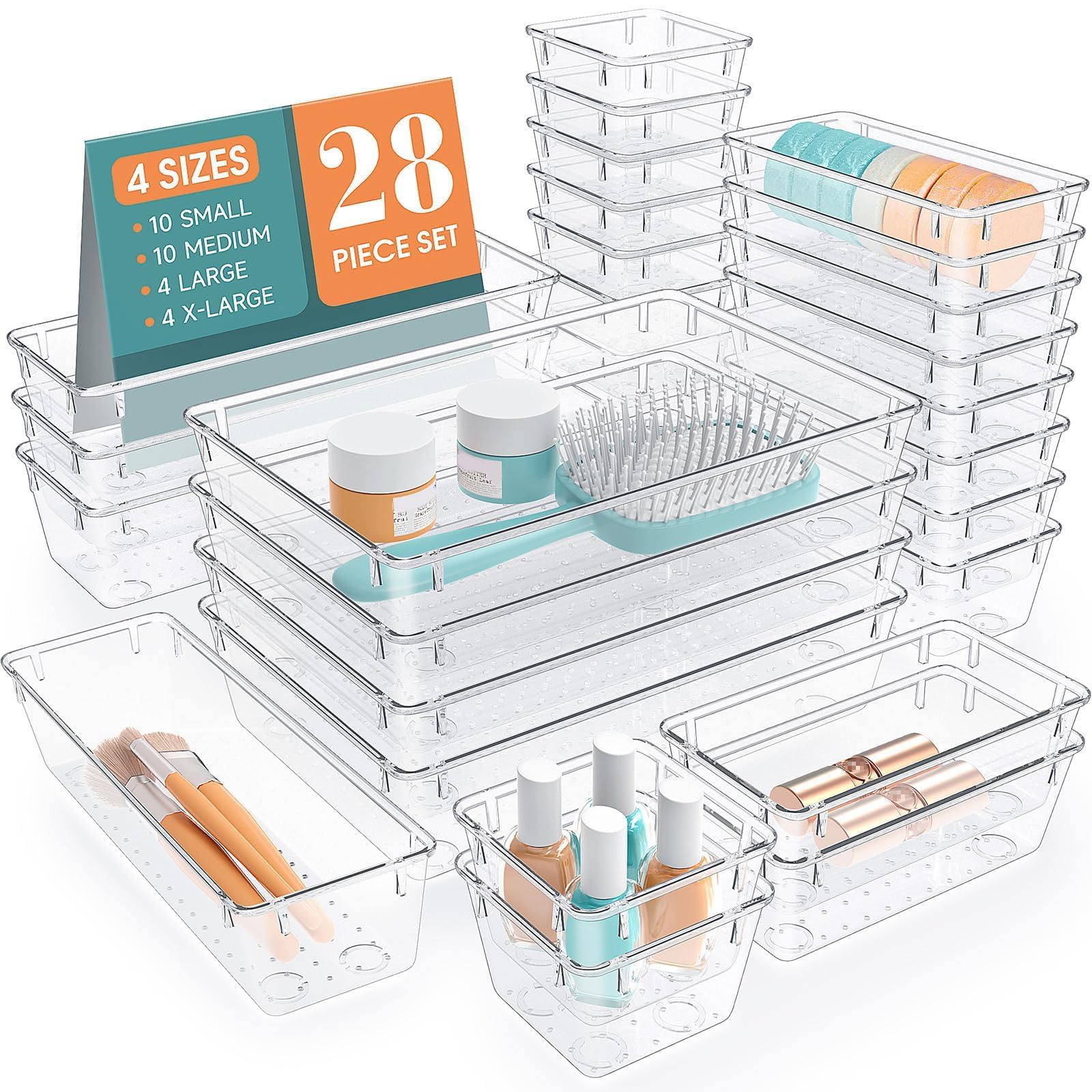 �️ StorMiracle 28 PCS Clear Plastic Drawer Organizers Set, 4 Size Desk Drawer Organizer Trays for Makeup, Jewelry, Kitch — beauty deal on Shopping With Noya
