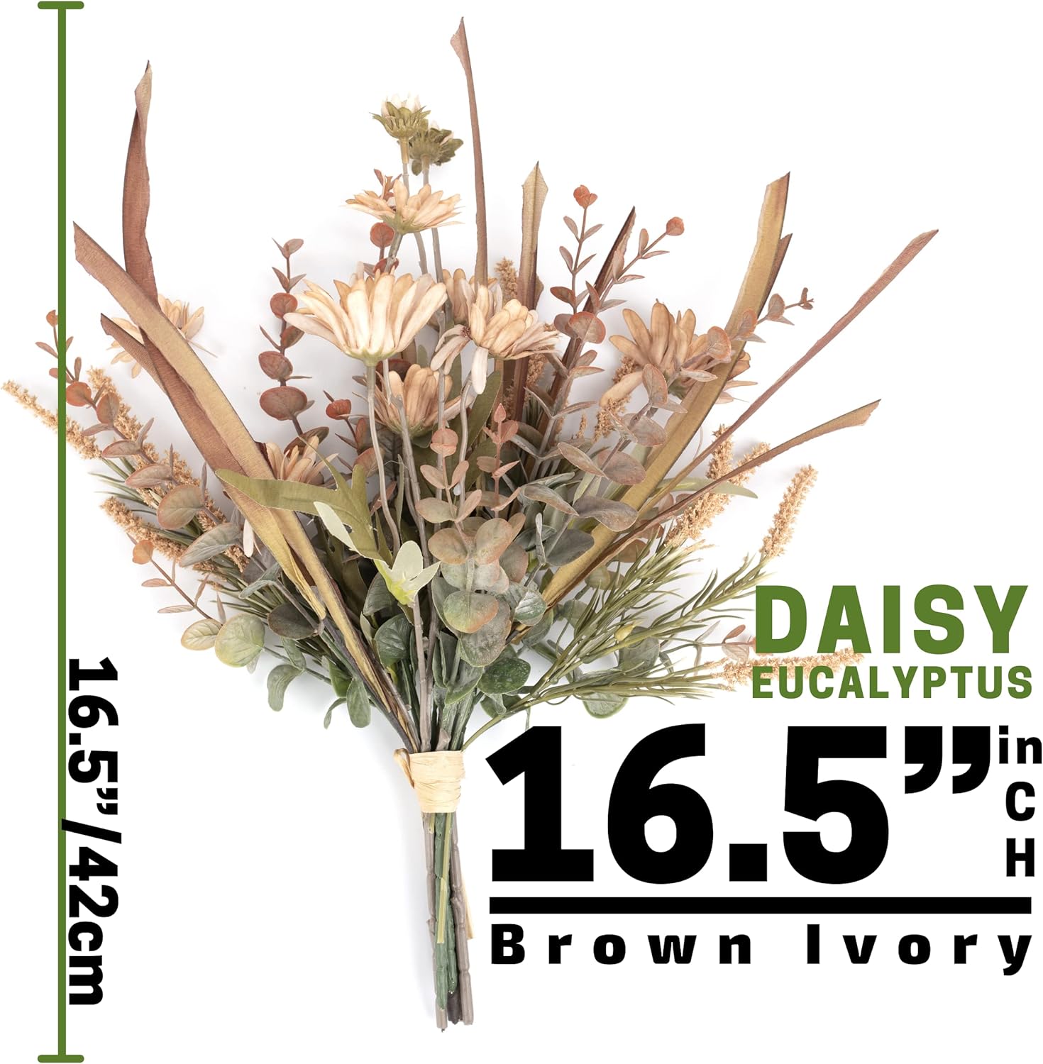 2Packs Artificial Faux Flowers Plant Silk 16.5" Fall Arrangement Boho Style Bouquets Floral Rustic Decoration Table Centerpieces for Home Kitchen (Pretty Blooming Eucalyptus Brown Ivory Daisy)