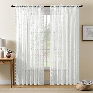 Lace Curtains 84 Inches Long, Vintage Floral Light Filtering Sheer Ivory...