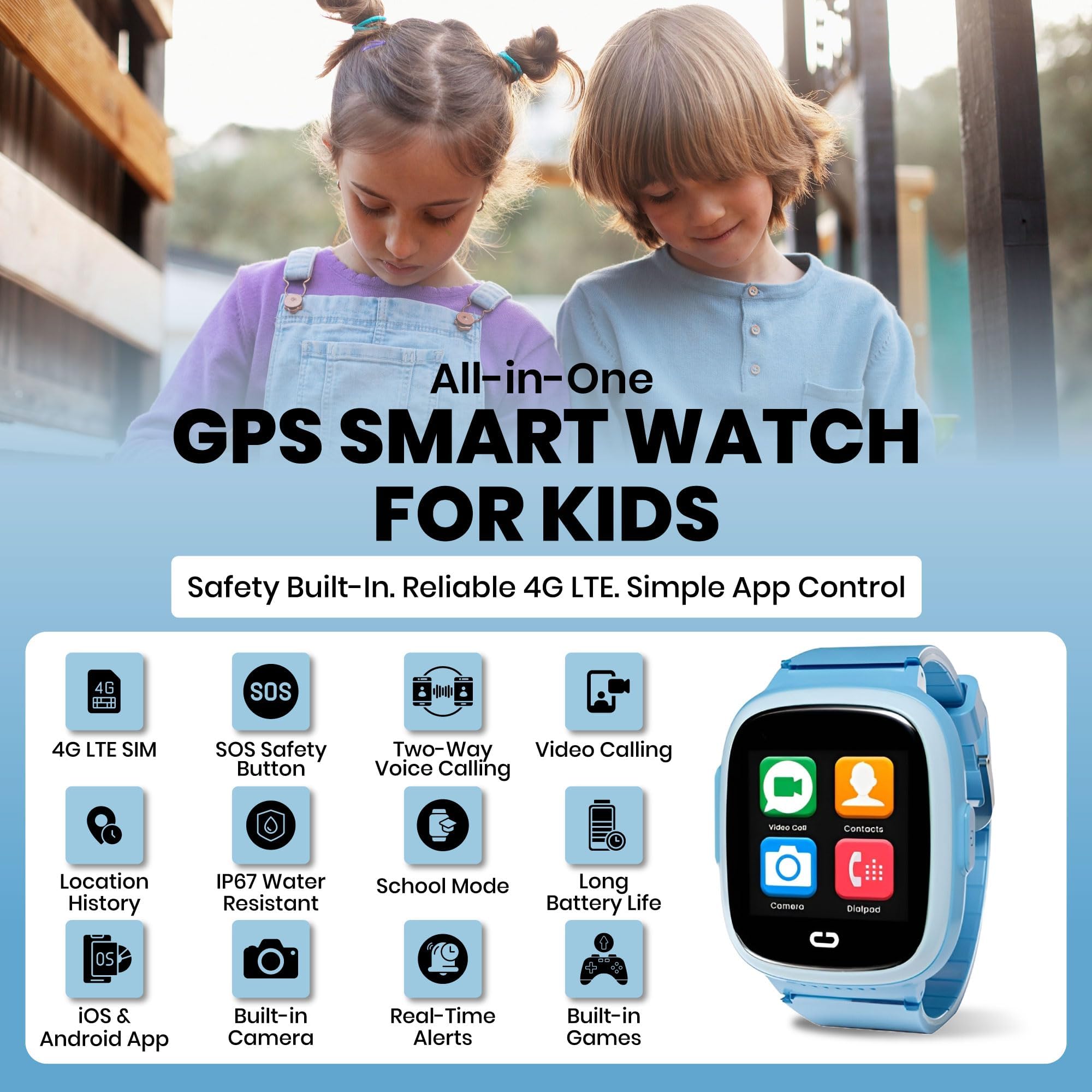 Kids Watch with GPS Tracker, Two-Way Calling, Real-Time Tracking & SOS Alerts - Smart Watch for Kids Call and Text with Geo-Fencing, School Mode, Water-Resistant, Long Battery Life & Parental Controls