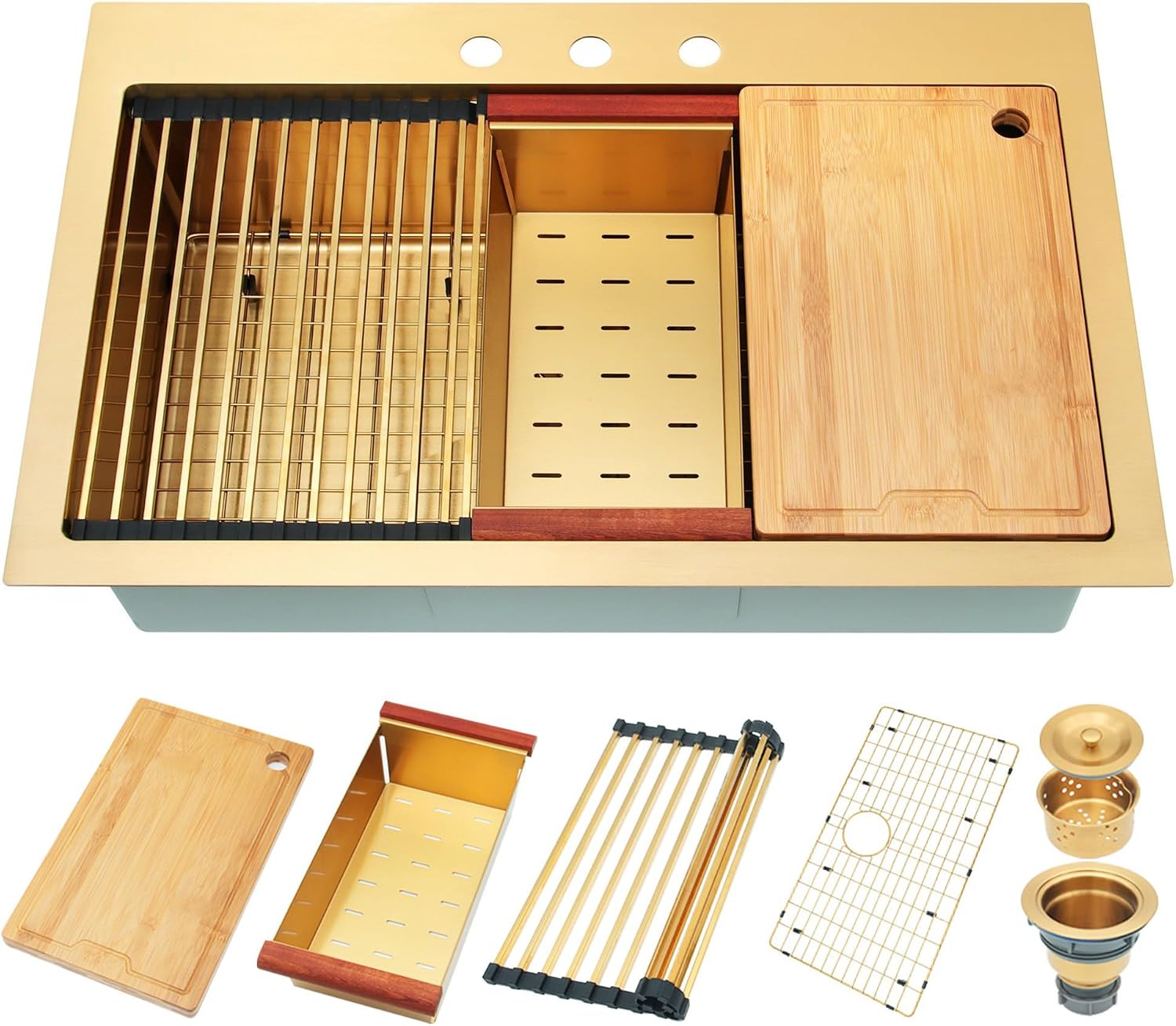 LQS Gold Kitchen Sink 33x22, Gold Drop In Kitchen Sink with 3 Holes, 33 Inch Large Top Mount Stainless Steel Handmade Sturdy 16 Gauge T304 with Abundant Accessories, R10 Round Corner