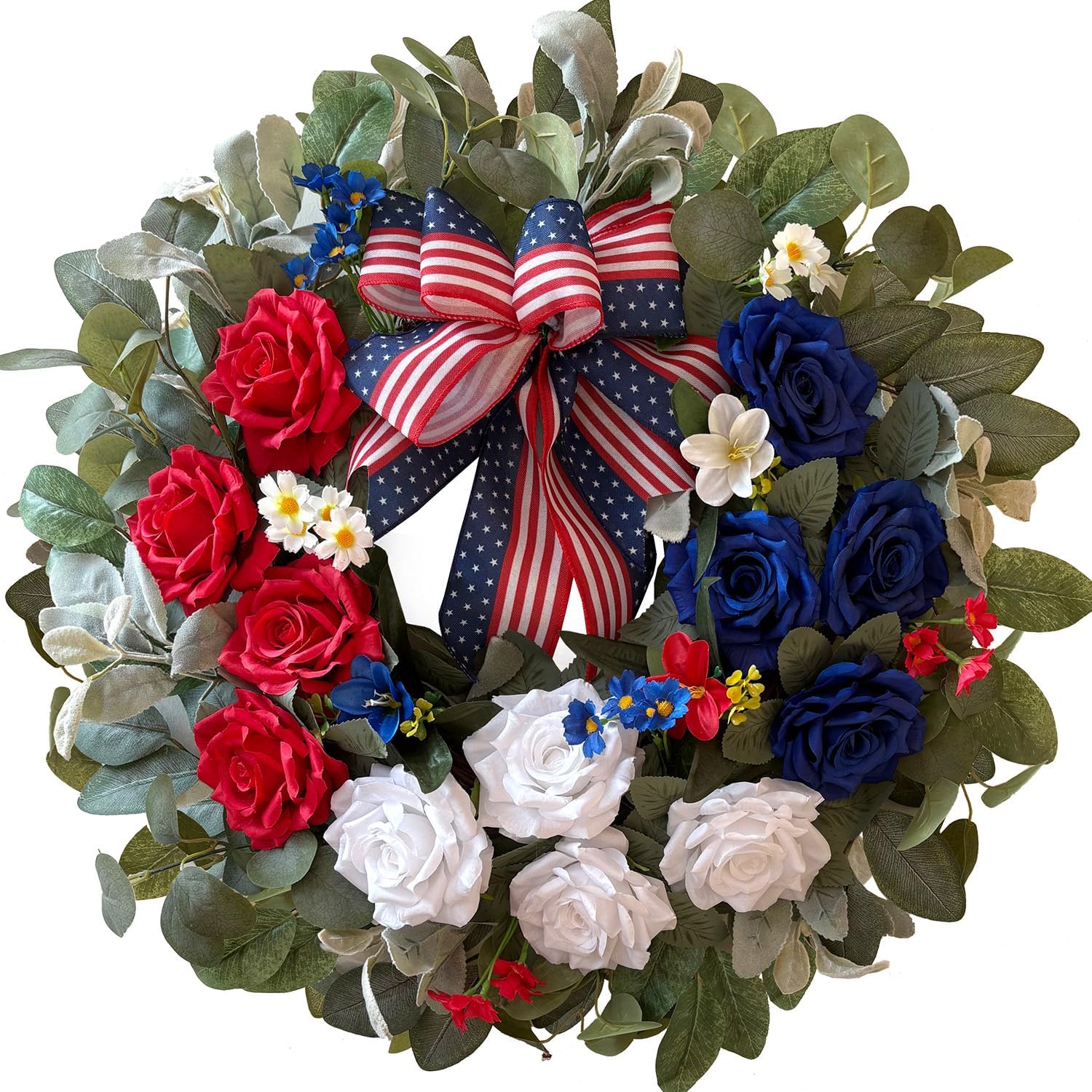 WANNA-CUL 250th Year Patriotic Wreath Decorations, 24 Inch Rose 4th of July Wreaths for Front Door, Red White Blue Spring Door Wreath for Independence Day, Memorial Day for Indoor Outdoor Decor