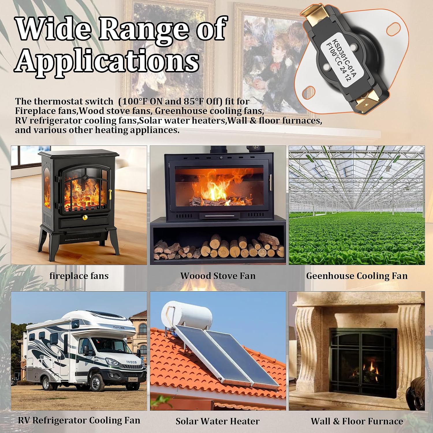 Snap Disc Thermostat Switch (100°F ON and 85°F Off), fit Fireplace Fans,Wood Stove Fans,Wall & Floor Furnaces,Greenhouse cooling fans,RV refrigerator cooling fans,Solar water heaters,2511F002-351