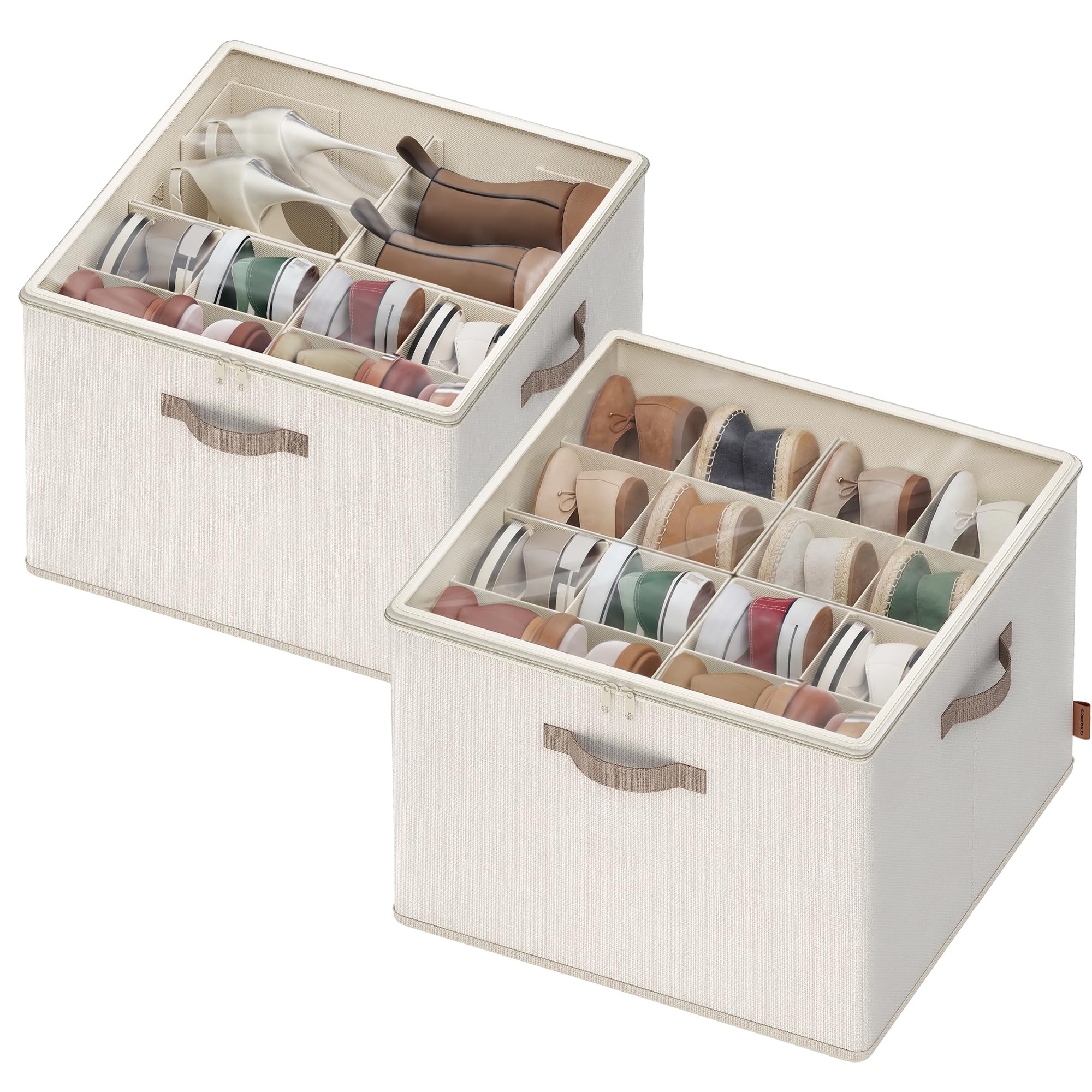 Songmics Cappuccino Beige Shoe Organisers For Up To 16 Pairs Each, Space-Saving Shoe Storage, Adjustable Dividers, Stackable, Transparent Lid, For Closet, Set Of 2, Lsp622lh01
