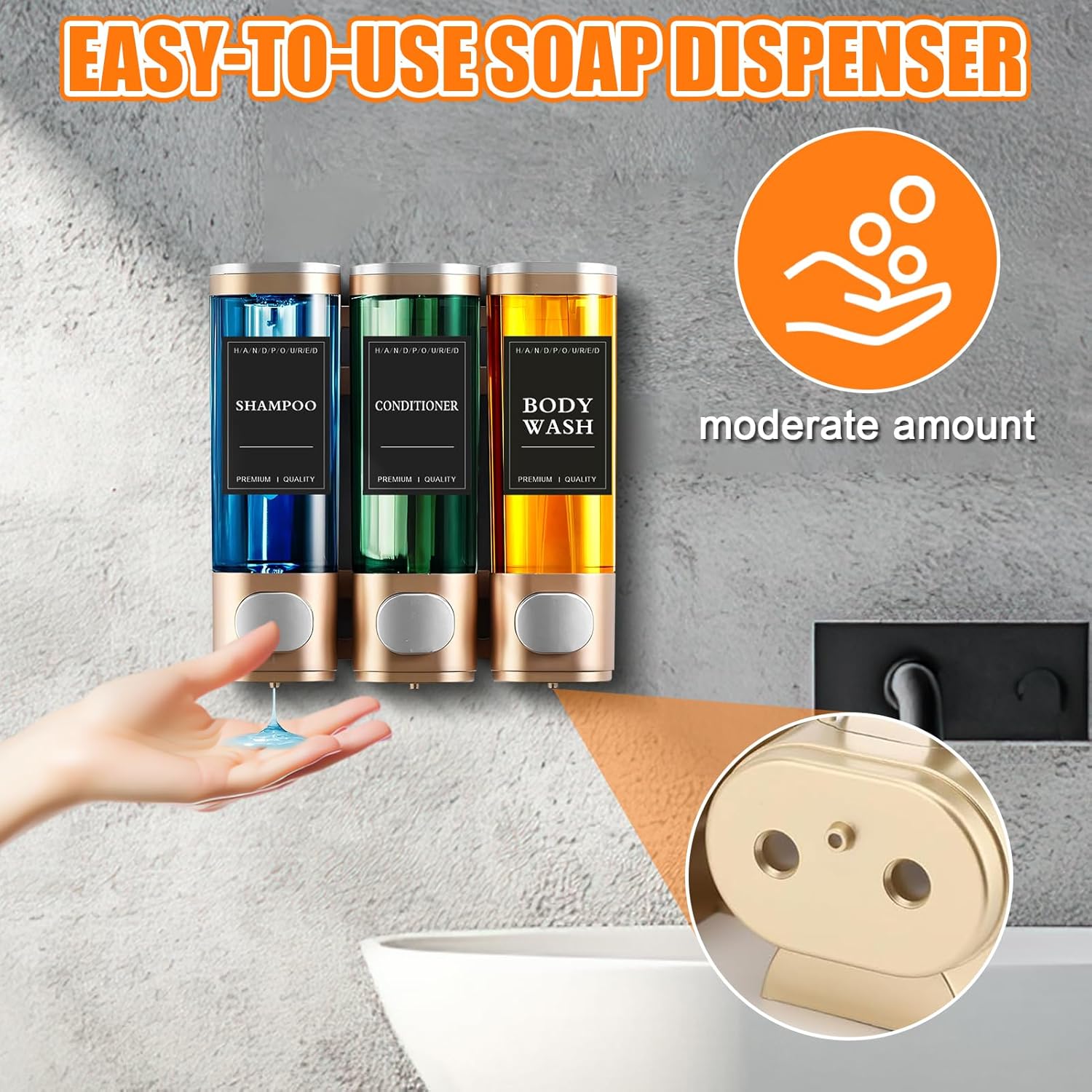 Gold Soap Dispenser, Shampoo and Conditioner Dispenser for Shower, 3 * 300ml Press Liquid Soap Dispenser, Wall Mounted No Drill Shampoo Dispenser for Kitchen Bathroom Hotel, ABS Material - Image 5